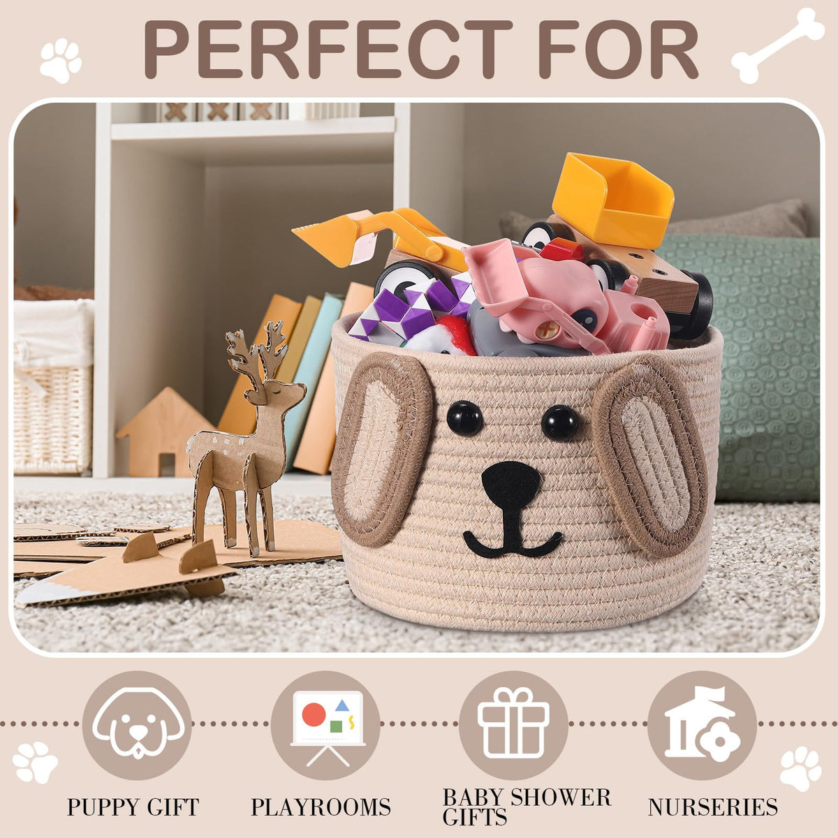 Zopeal Dog Woven Basket, 7.9" D x 6" H Cotton Rope Toy Storage Organizer, Dog Mom Gift Empty, Cute Laundry Puppy Gift Animal Basket for Clothes, Towels, Toy, Laundry, Bathroom, Home(Khaki, Beige)