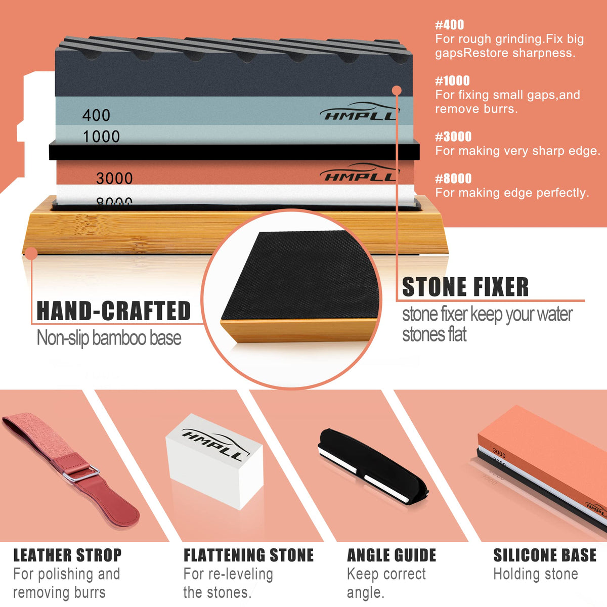 HMPLL Knife Sharpening Stone Set, Professional Whetstone 4 Side Grit 400/1000 3000/8000, Whetstone Knife Sharpener Stone Set Include Non-slip Base, Leather Strop, Flattening Stone & Angle Guide