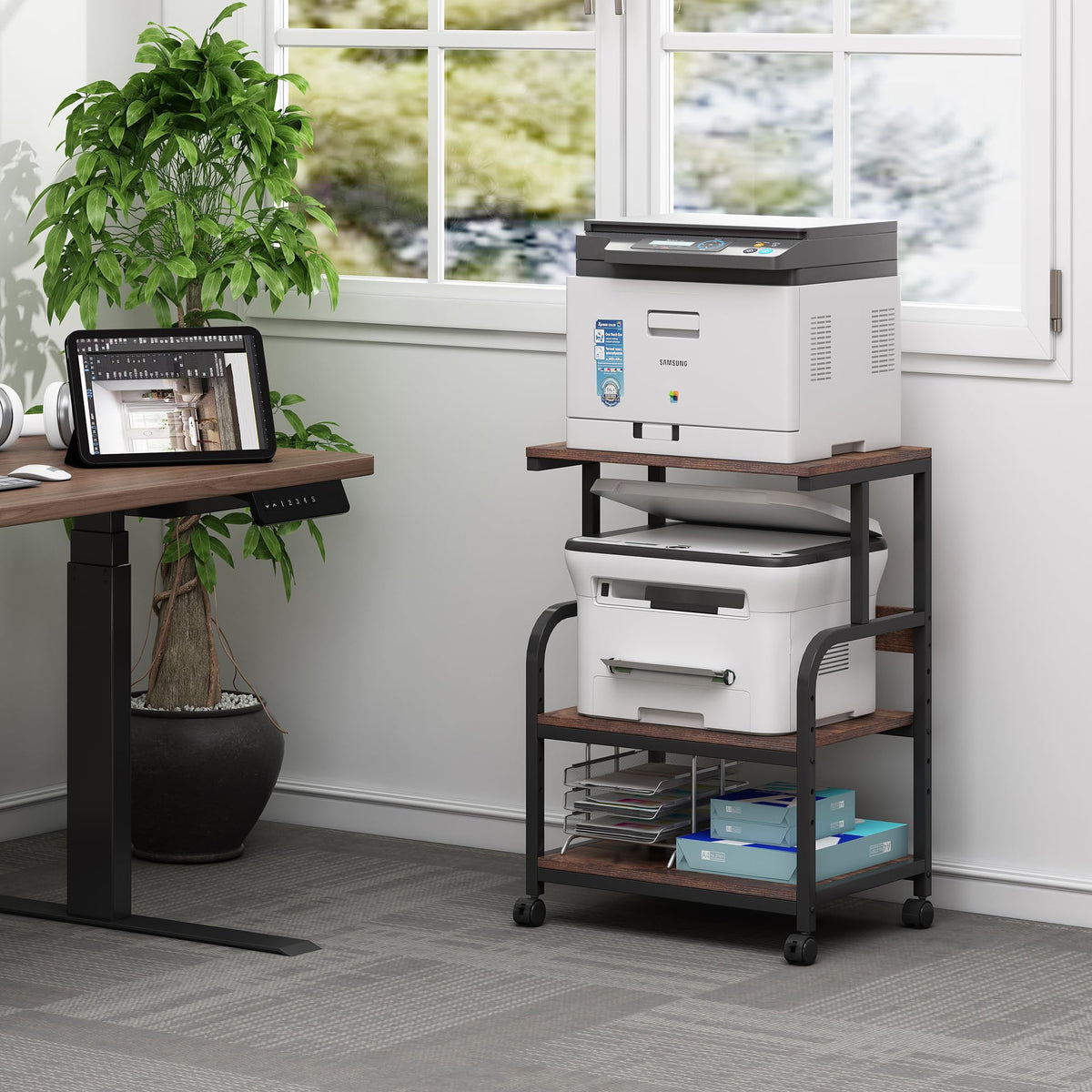 Fannova Printer Table Stand with Height Adjustable Shelf, 3 Tier Rolling Printer Cart with Wheels for Home Office Storage and Organization, Industrial Style