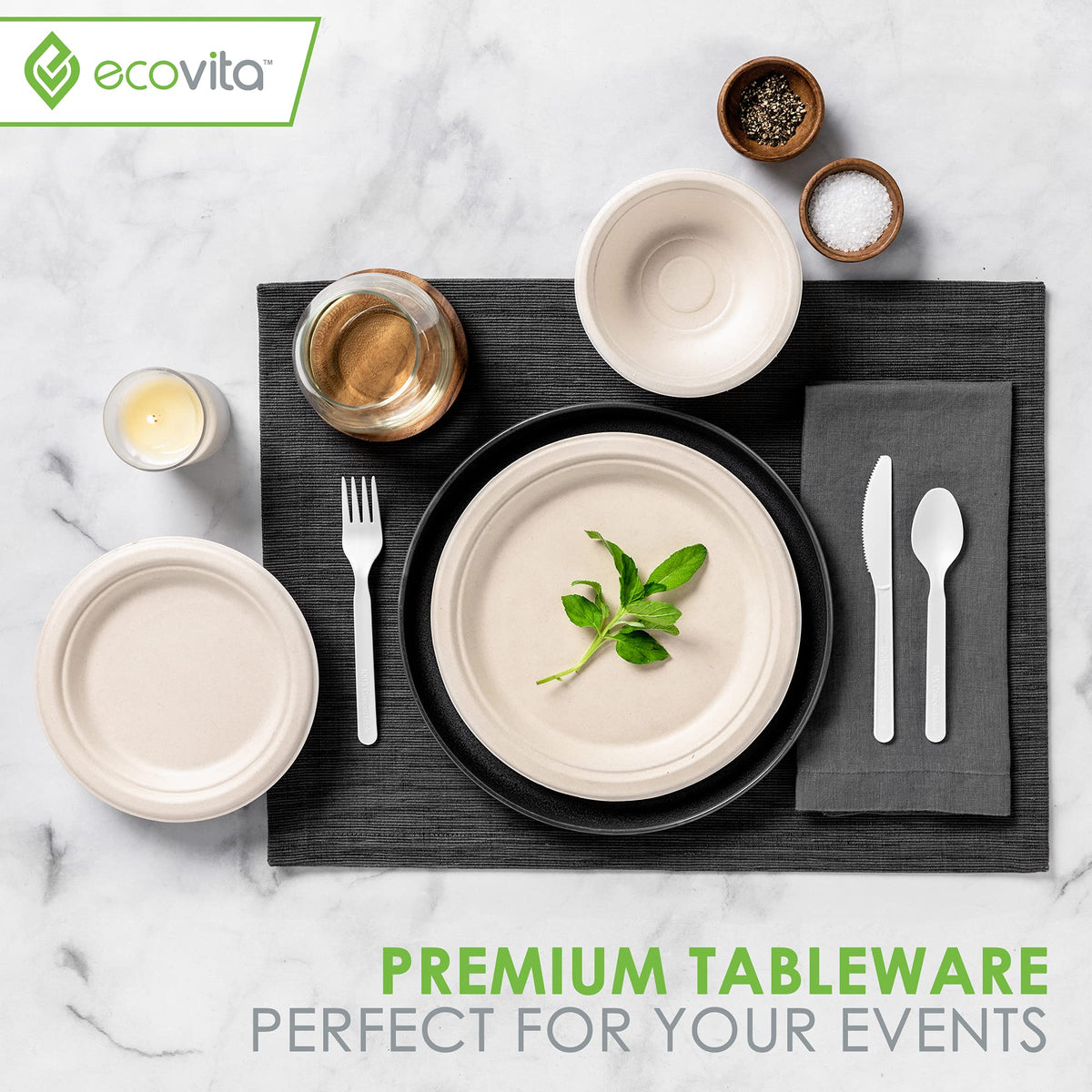 Ecovita 100% Compostable Knives - 500 Large Disposable Utensils (7 in.) Bulk Size Eco Friendly Durable and Heat Resistant Alternative to Plastic Knives with Convenient Tray