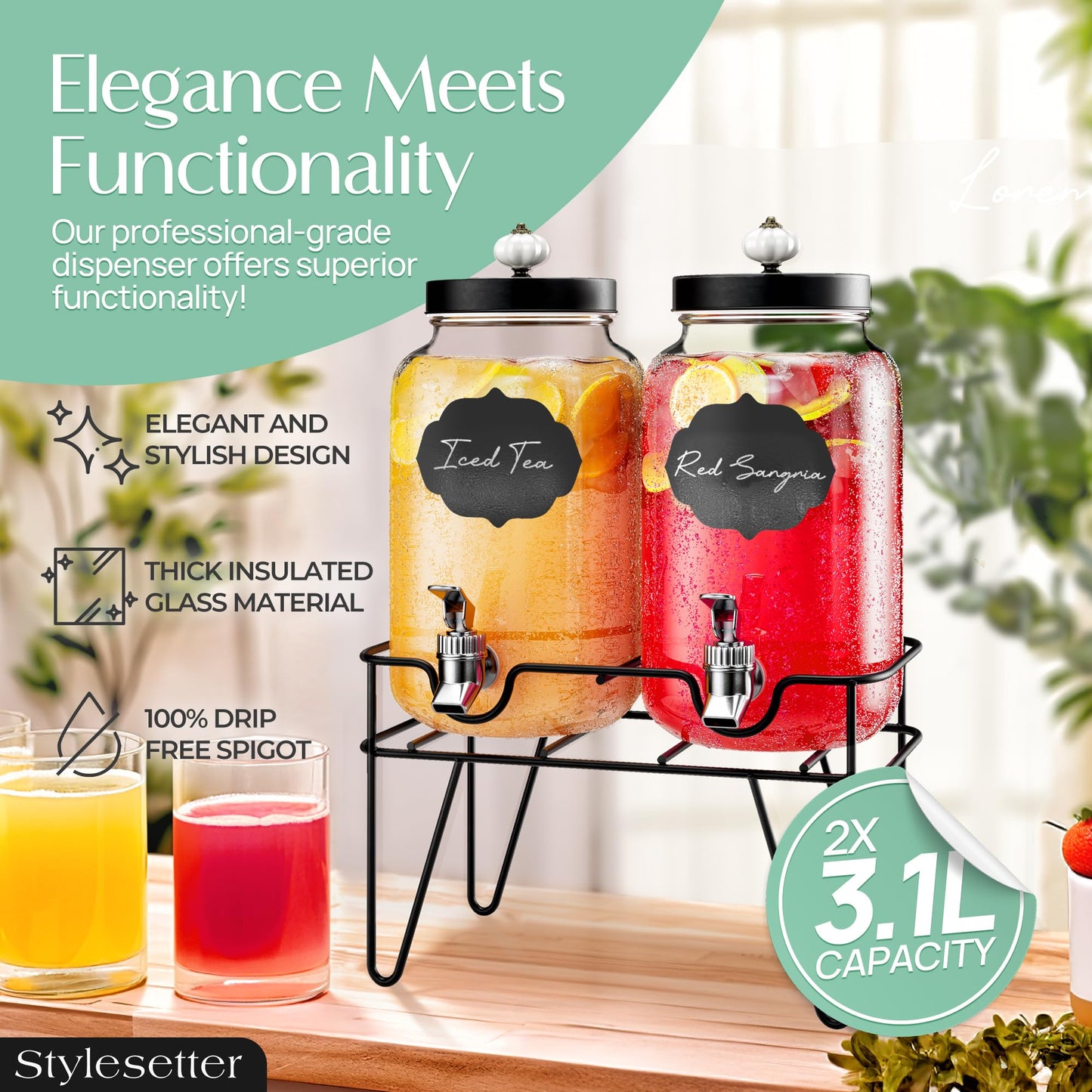 Style Setter Manchester Beverage Dispenser Set of 2 Cold Drink Dispenser w/ 3.1 Liter each