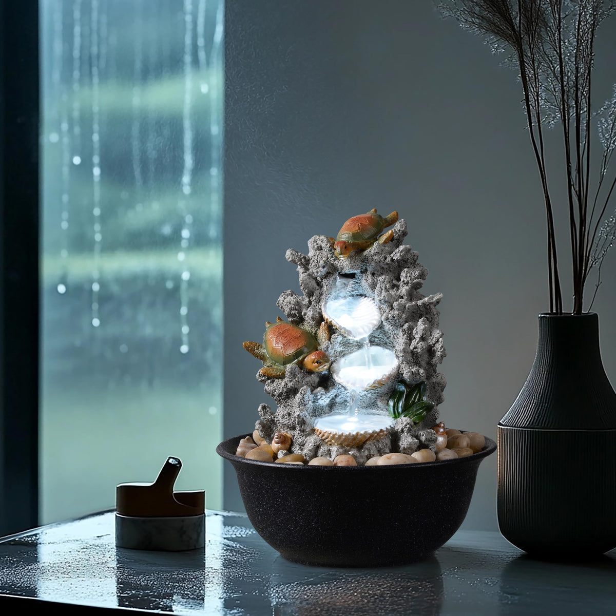 Indoor Tabletop Turtle Water Fountain with LED Light – Coastal Sea Life Desk Waterfall Feature with Soothing Sounds and River Rocks, Ocean Zen Decor for Home Office