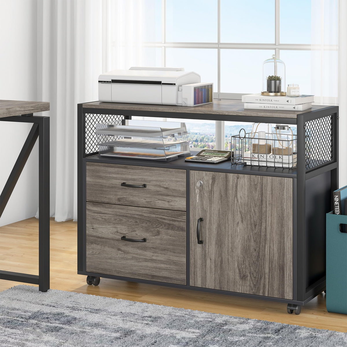 Tribesigns Grey Executive Desk with Cabinet, 55" L Shaped Computer Desk and lateral File Cabinet with Locks, 2 Piece Home Office Furniture Set for Hanging