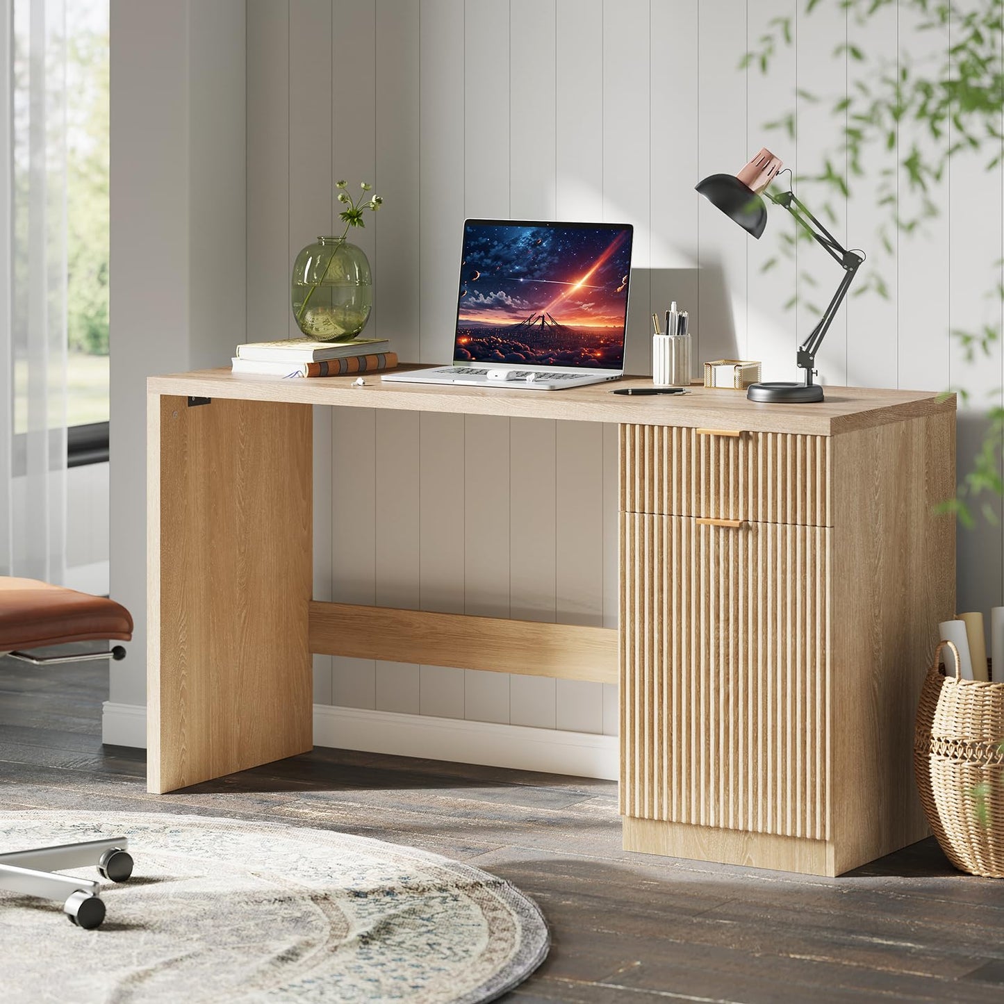 BouPower 60" Fluted Executive Desk with Drawers, Wood Computer Desk with Storage Cabinet, Home Office Desks with Storage for Study Room, Bedroom, Living Room, Natural Oak