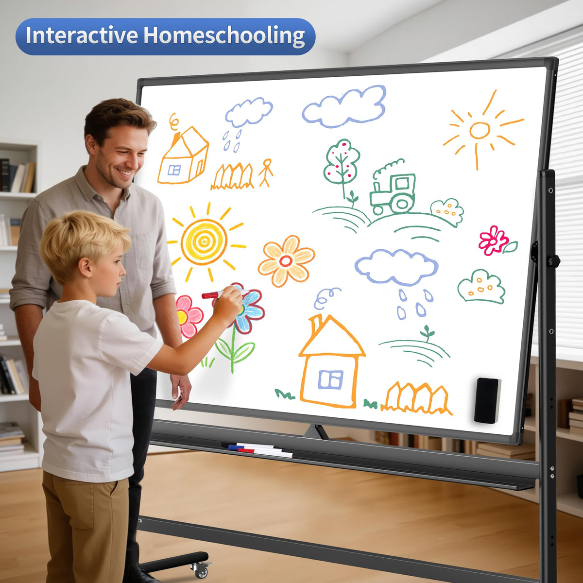Mobile Whiteboard 48x32 for Office & Homeschool - Double-Sided Magnetic Dry Erase Board on Wheels - 360° Reversible Standing Easel for Agile Presentations & Classroom Teaching