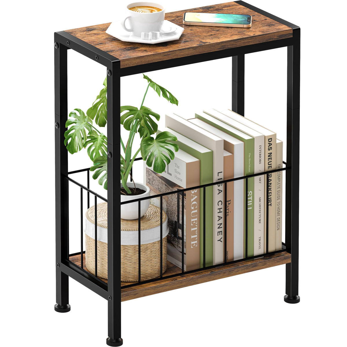 Lifenite Narrow Side Table, Skinny End Tables with Magazine Holder, Small Sofa Table for Small Spaces, Space-Saving Design, Slim Nightstand Bedside Table for Living Room, Bedroom, Office, Rustic Brown