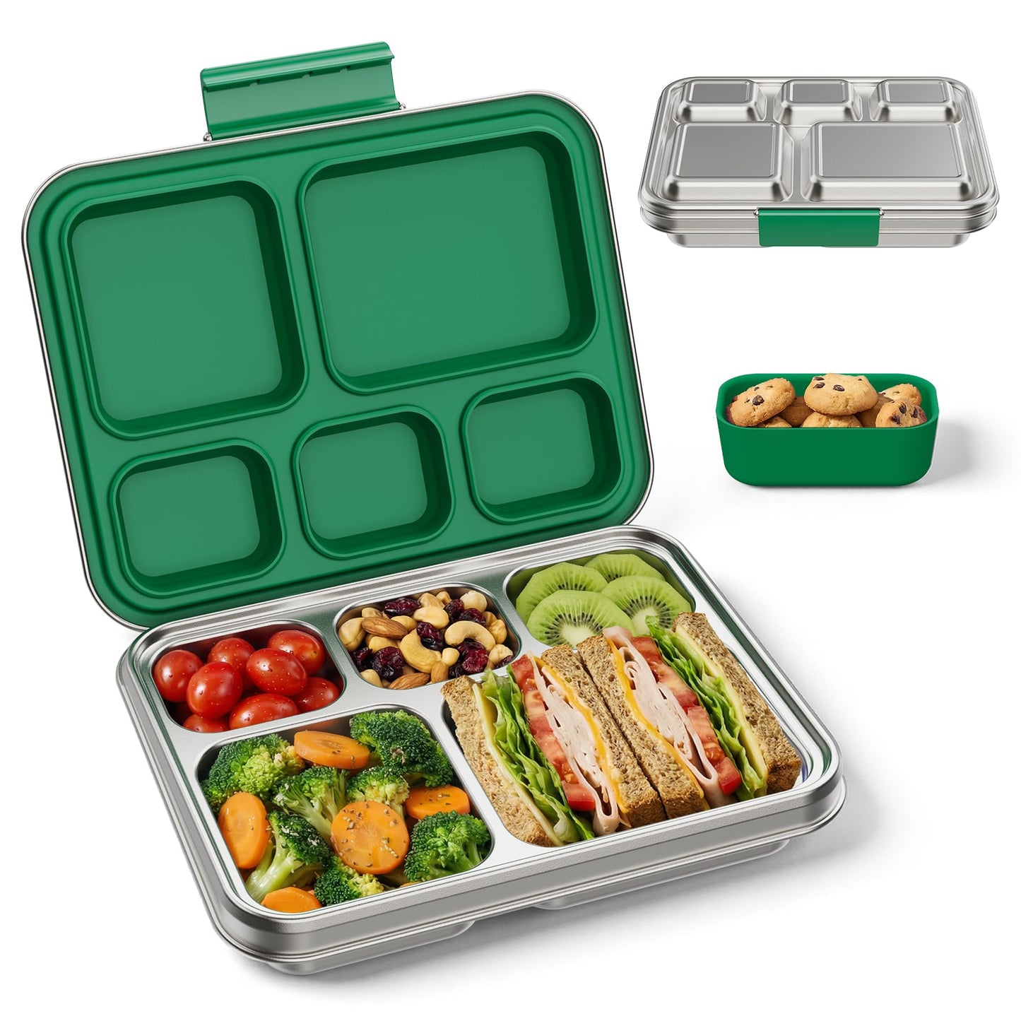 Zeekala Stainless Steel Bento Lunch Box for Kids & Adults, 5 Compartment Metal Portable Bento Box with Silicone Food Container and Removable Silicone Seal,BPA-Free,School,Office(Green)