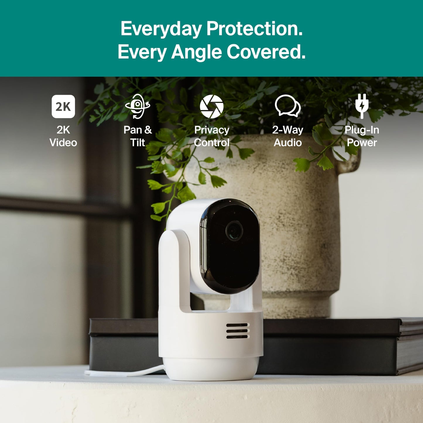 Arlo Essential Indoor Pan Tilt Security Camera 2K (2025 Release) + 6 Months of Secure Plus Plan - Wired Plug-in Power, Person Recognition, Animal Detection, Auto Motion Tracking, 1 Cam, White