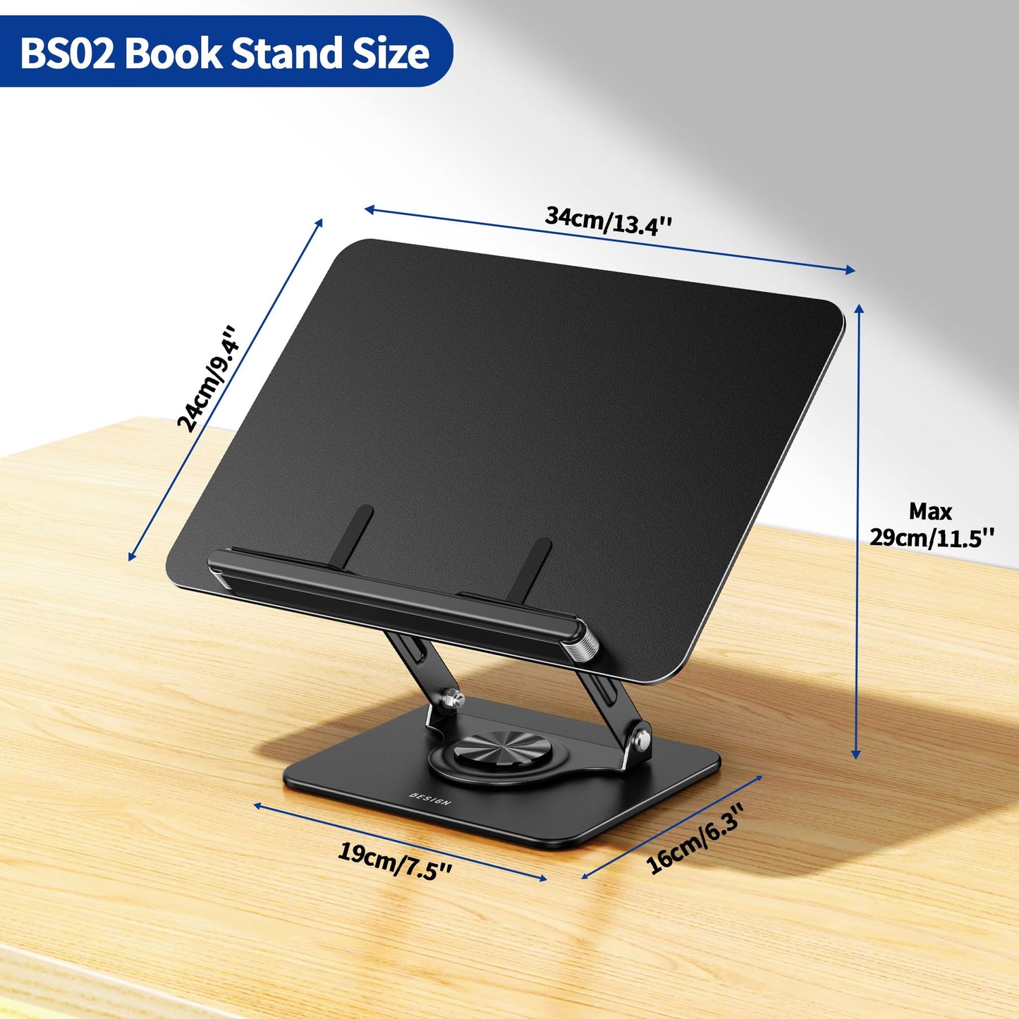 BESIGN BS02 Book Stand for Reading, Adjustable Book Holder, Ergonomic Laptop Stand, Cookbook Stand, Recipe Book Holder with Elastic Page Clips for Music Scores, Recipe, Tablet