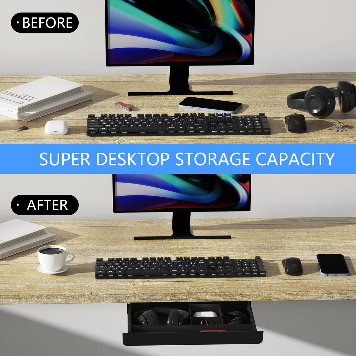 Gaxomo Under Desk Mounted Sliding Pull-out Drawer with Pencil Tray and Slide Storage Tray, 17'' long & 13.5'' deep Large Storage Organizer for Sit Stand Workstation