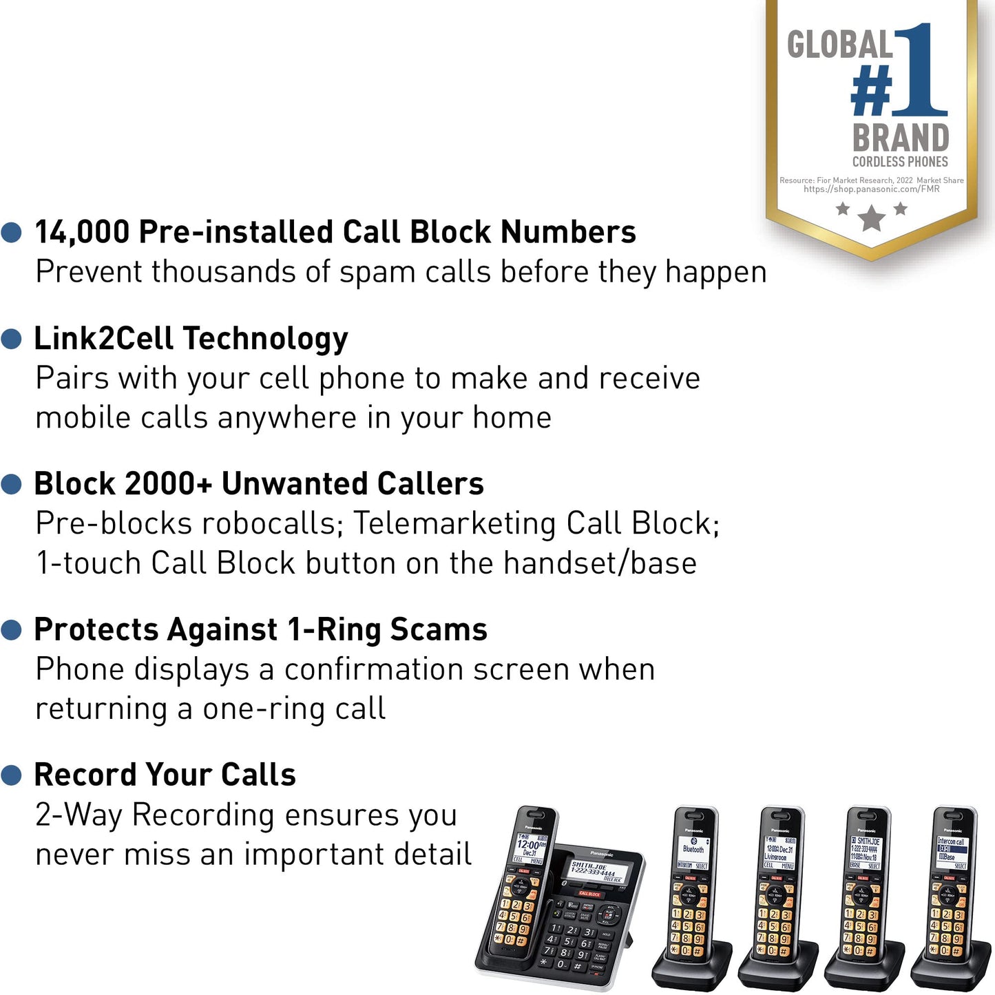 Panasonic Cordless Phone with Advanced Call Block, Link2Cell Bluetooth, One-Ring Scam Alert, and 2-Way Recording, Answering Machine, 5 Handsets - KX-TGF975B (Black/Silver Trim)