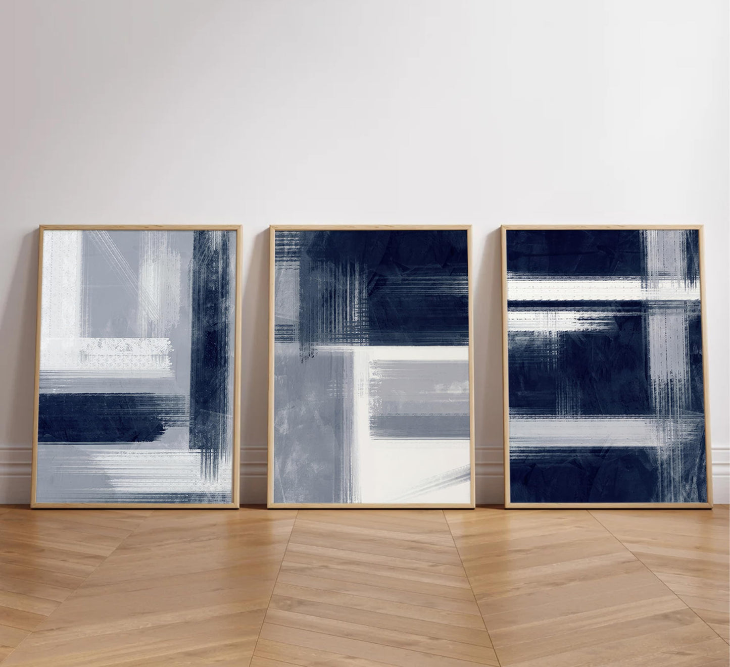 Wavkkey 3Pcs Navy Blue Abstract Wall Art Blue Grey Neutral Modern Geometric Abstract Painting Poster Wall Decor Canvas Print Artwork for Living Room Bedroom Office Home Decoration Unframed