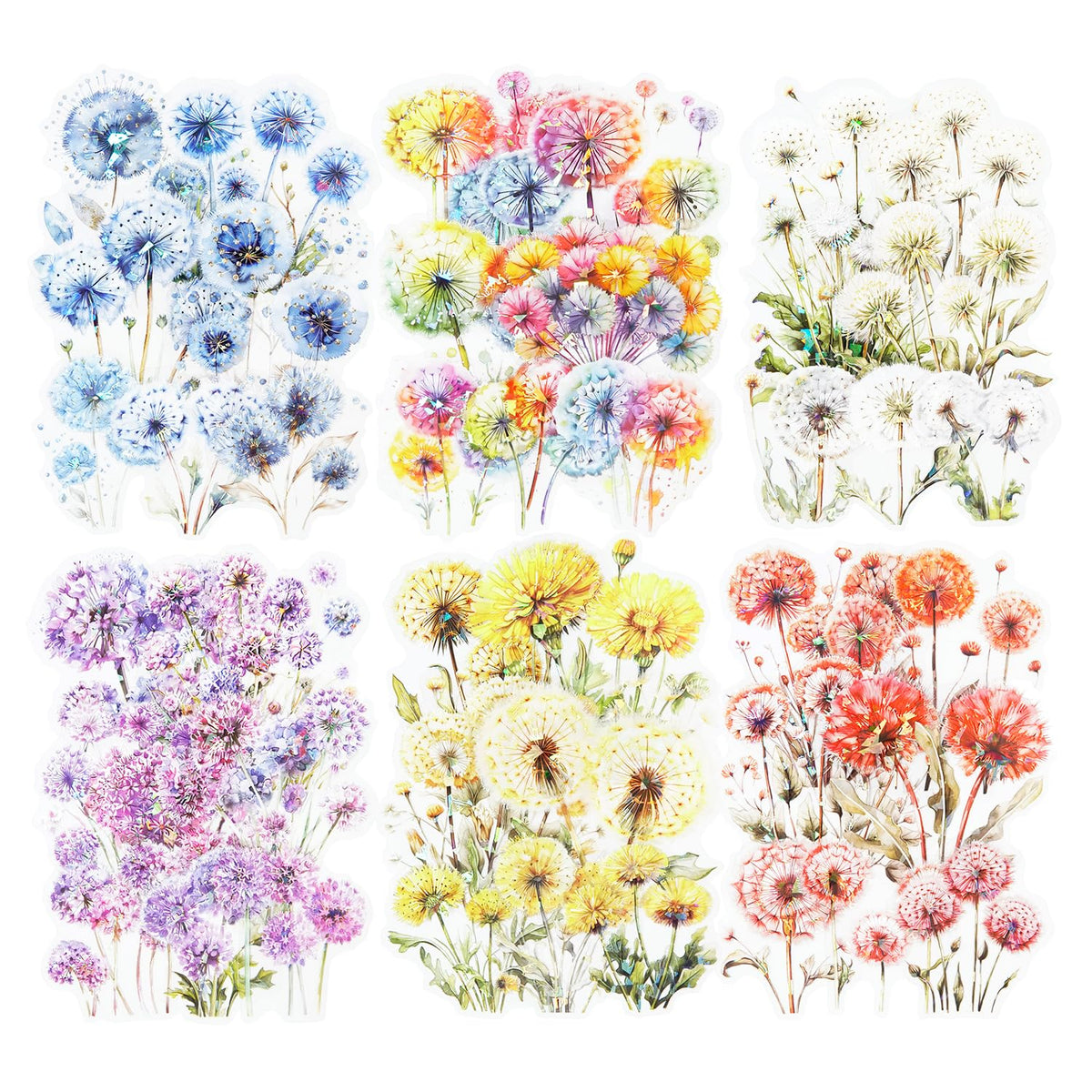AuriicLeaf Dandelion Floral PET Stickers Set, 60PCS Holographic Botanical Flower Stickers for Scrapbooking, Journaling, DIY Crafts, and Art Supplies