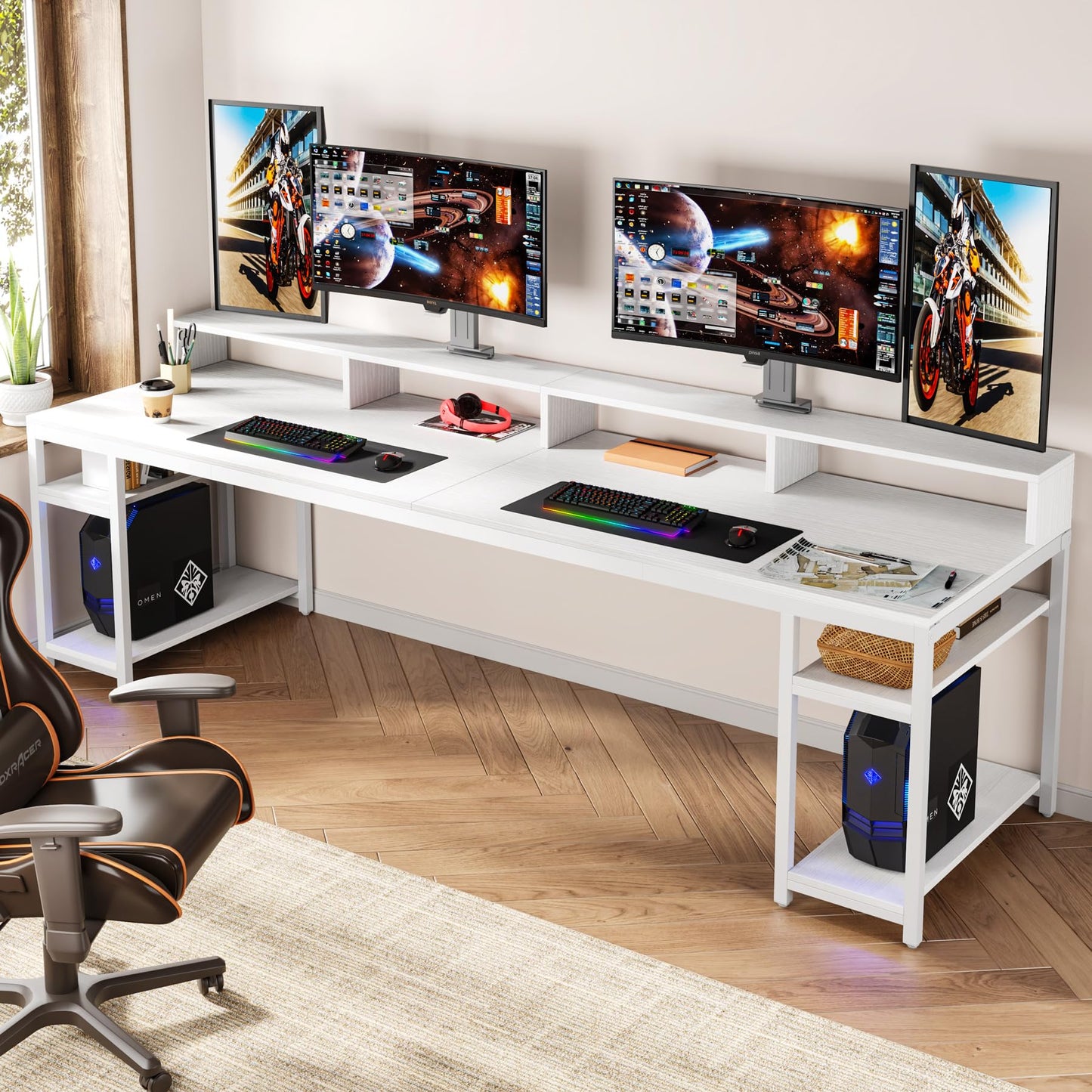 Tribesigns Two Person Desk with Monitor Stand, 78.74" Long Double Computer Office Desk with Storage Shelves, Large Gaming Desk Study Writing Table Workstation for Home Office (White)