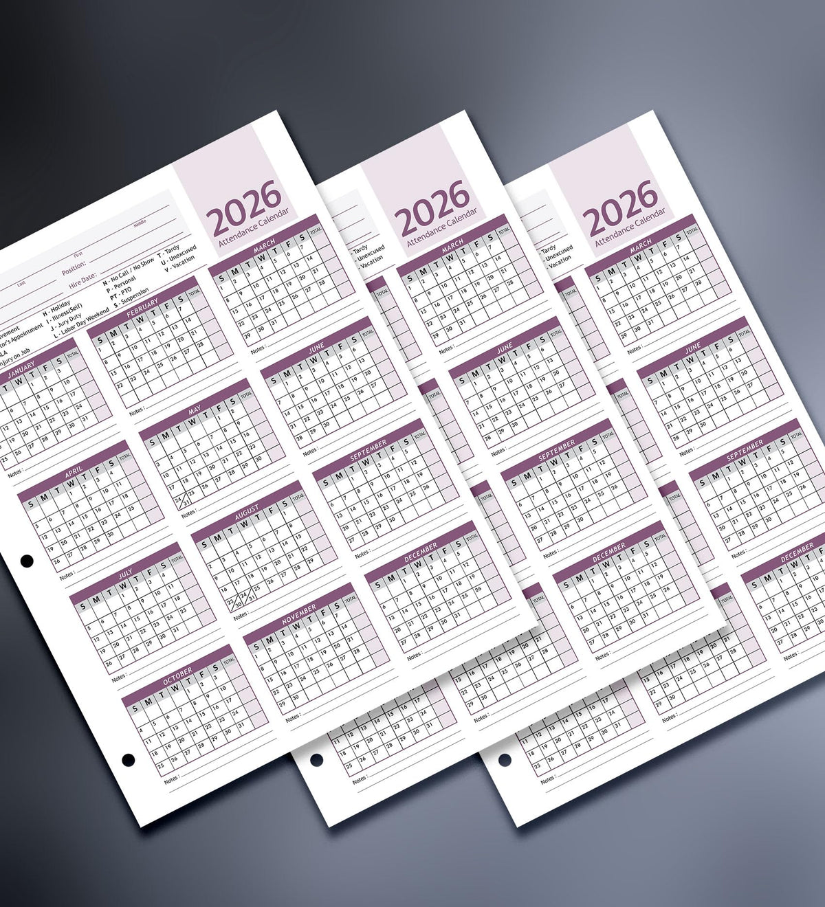 Attendance Calendar Employee Card Attendance Record Tracker 2026, Heavy 100lb Cardstock Paper 8.5 x 11 inches (Purple, Pack of 25 Sheets)