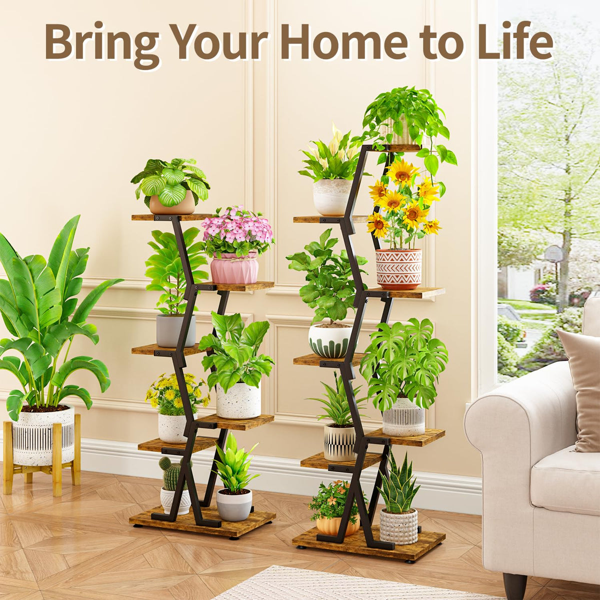 LASZOLA 5 Tier Tall Wood and Metal Plant Stand Indoor for Heavy Duty Planter, Large Multi Level Vertical Flower Shelf for Narrow Corner, Sturdy Rustic Rack Holder for House Patio, Space Saving, Black