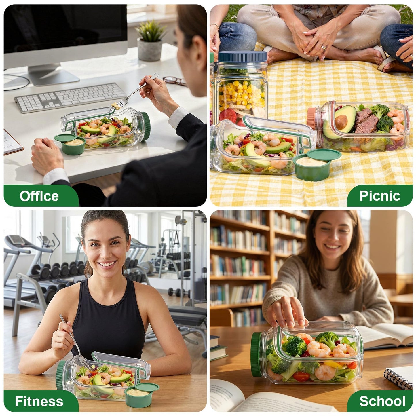 Celsisignis Salad Pod, 1000ml Side-Opening Salad Container (Salad Container for Lunch), Lunch Salad Box for Office, Gym, Camping, Outdoor Activities, Gatherings, Various Locations (2, Green & Blue)