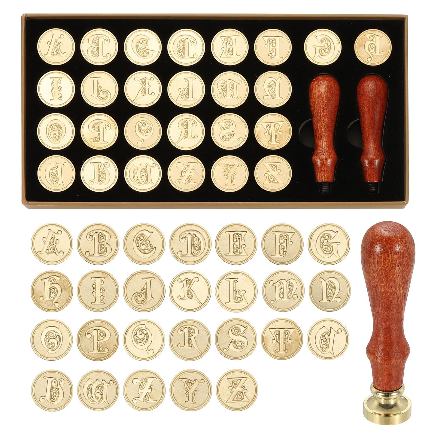 PATIKIL 26 Letters A-Z Alphabet Wax Seal Stamp Kit, Vintage Sealing Stamp with 2pcs Wooden Handles Gift Box for Wedding Invitation, Party, Gift Wrap, Envelope Card, Style 7