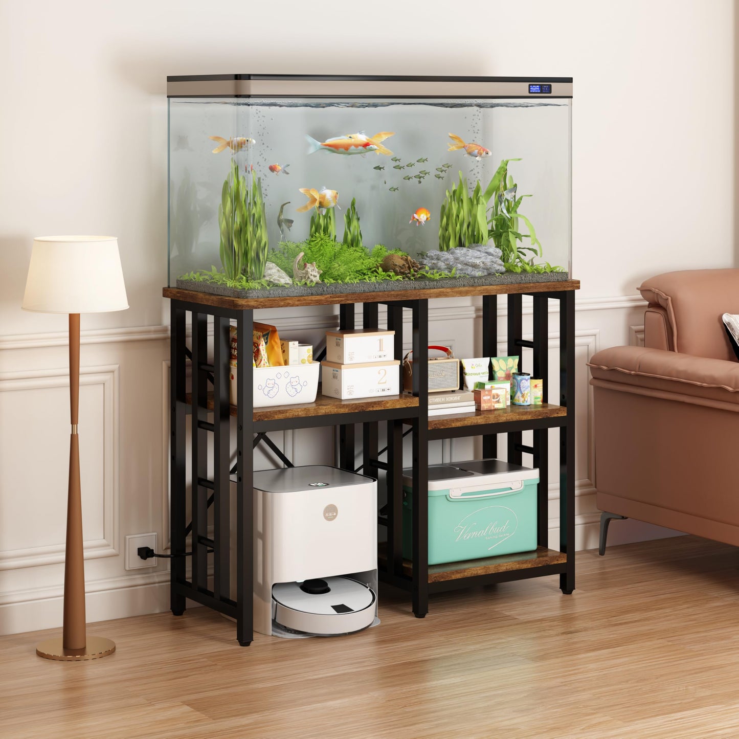 DKFNCL Mini Fridge Stand with Power Outlet, Mini Fridge Stand, Microwave Oven Stand Table, Bar Cabinet, Aquarium Stands, 4-Tier Kitchen Baker's Rack for Spices, Pots and Pans.