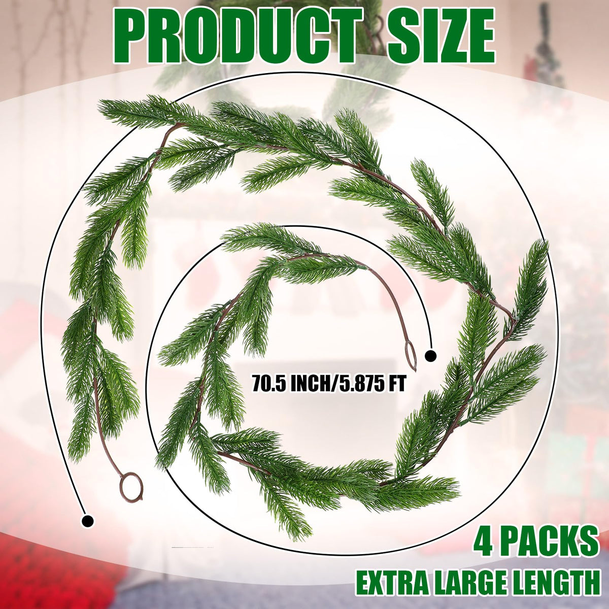 Lyrow Christmas Pine Greenery Garlands Artificial Winter Faux Holiday Season Outdoor Garland for Xmas Home Decorations (4 Pcs,6 ft)