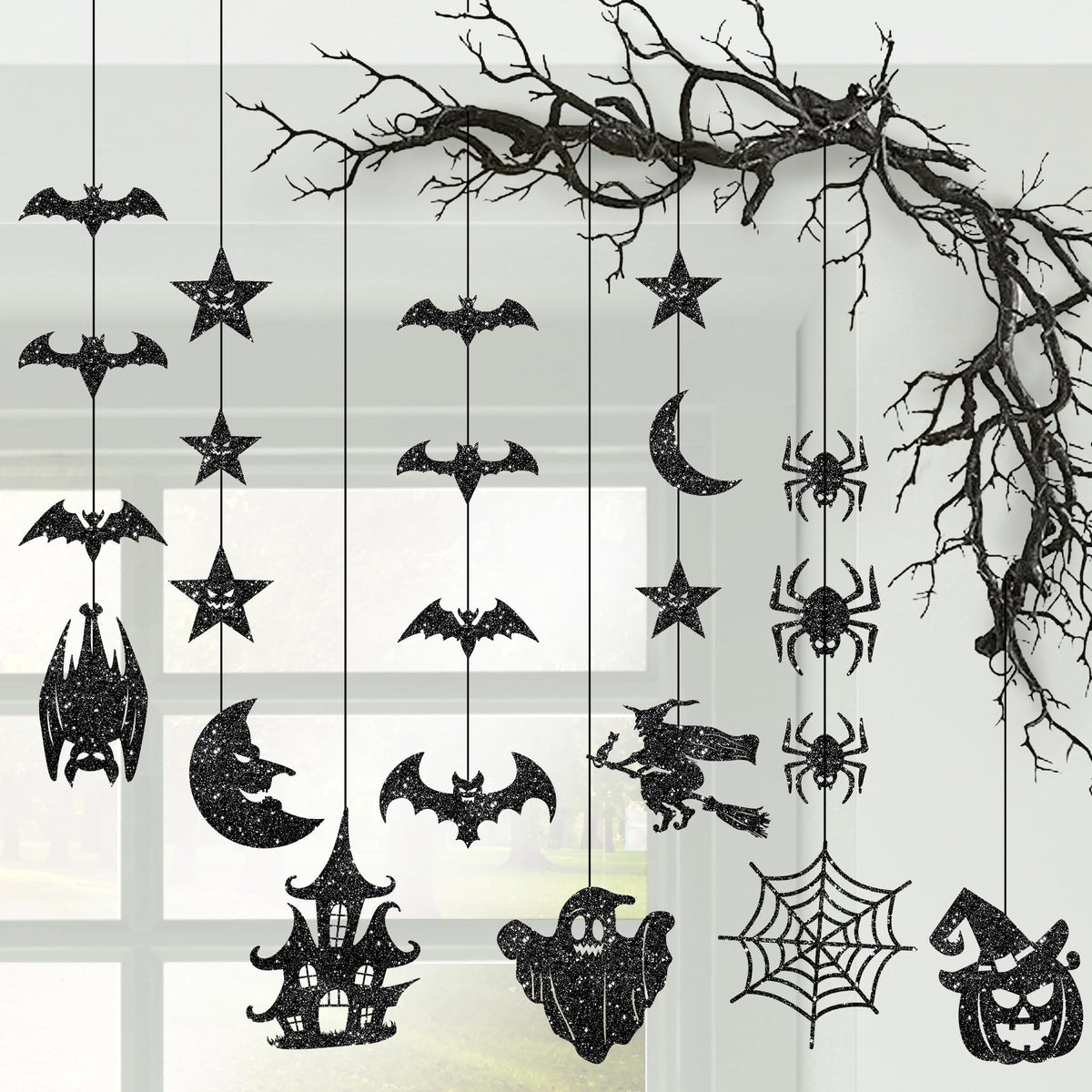 KatchOn, Glitter Black Halloween Garland - Huge, Pack of 10 | Halloween Party Decor Garland with Ghost, Witch, Skull, Raven, Pumpkin & Tree Cutouts | Spooky Party Hanging Decoration