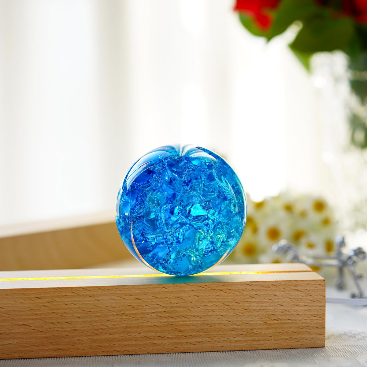 kanpura 60mm Ice Cracked Crystal Ball Paperweight Crystal Ball with Stand Glass Ball Ornament for Christmas Home Decor(Blue)