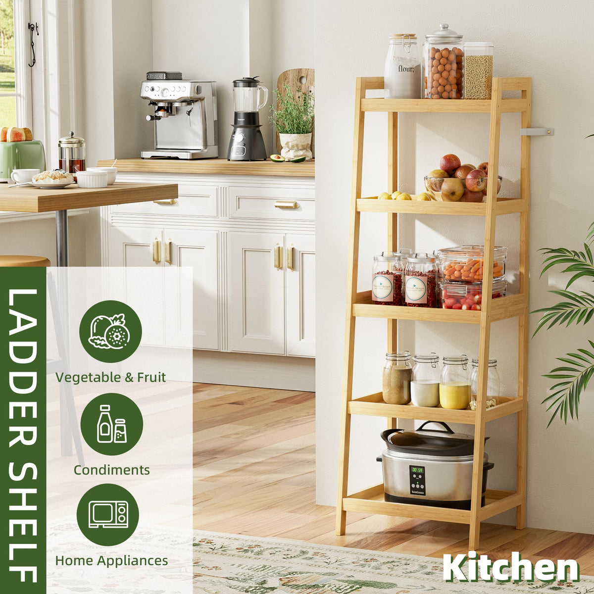 vovala Bookshelf, 5 Tier Ladder Bookcase with Bamboo Frame, Freestanding Tall Narrow Display Plant Shelf for Living Room, Kitchen, Bedroom, Balcony, Natural