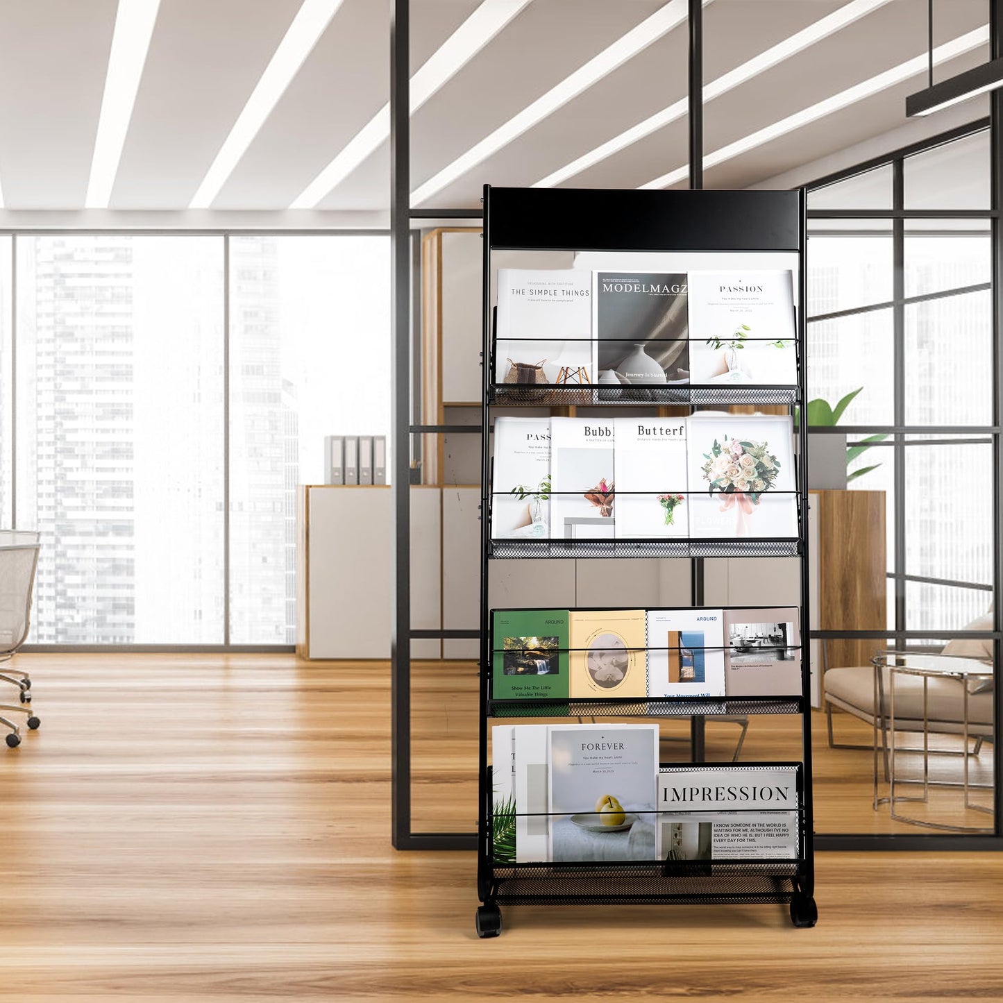 KIZECK Floor Magazine Rack Brochure Display Stand 4-Layer With Wheels And Top Billboard, Newspaper Literature Holder High-Hardness Metal For Office Exhibitions, Black (57.5''*25''*13.2'')