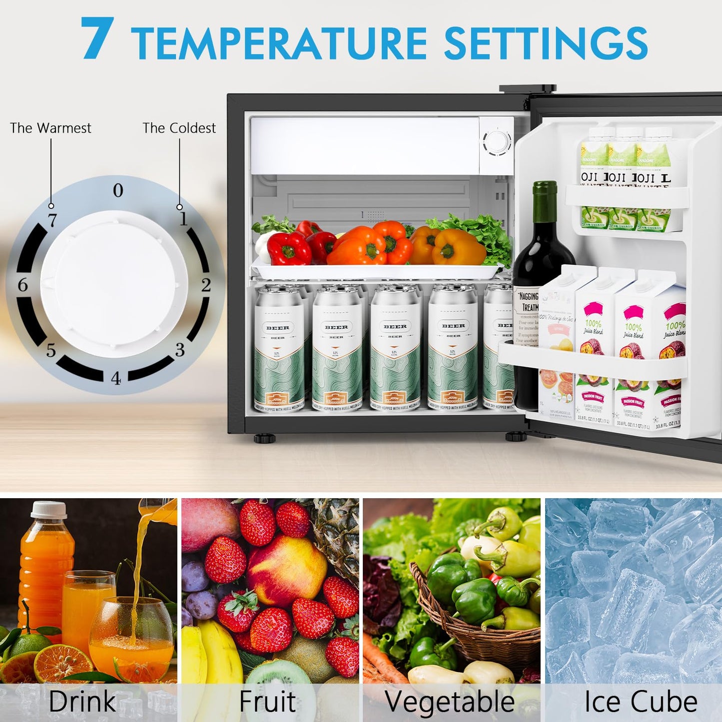 COWSAR 1.6 Cu.Ft Compact Fridge with Freezer, Refrigerator with 7 Temperature Settings, Energy-efficient Low Noise Small Refrigerator Suitable For Dorm, Office, Bar, RV, Bedroom, Commercial