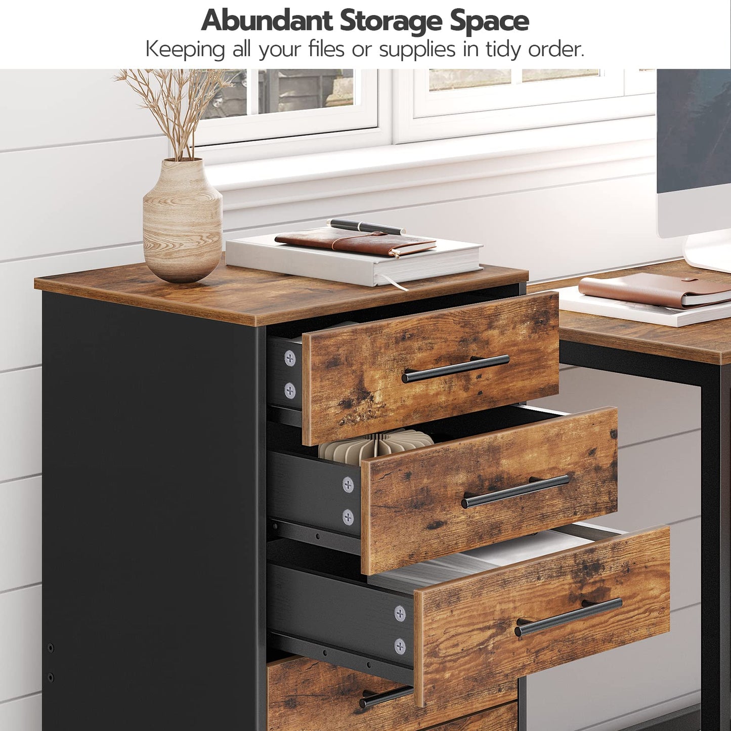 HOOBRO 7-Drawer File Cabinet, Wooden Office Cabinet with Drawers, Mobile Storage Filing Drawer for Home Office, Study, Easy Assembly, Rustic Brown and Black BF07WJ01