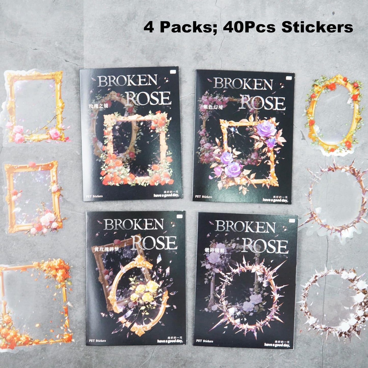 AuriicLeaf Broken Mirror Frame Stickers Set, 40PCS Gothic Rose PET Scrapbook Supplies for Journaling, DIY Crafts, and Planners