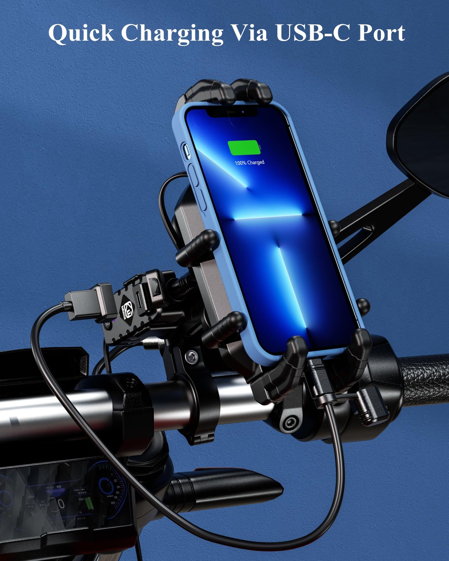 BRCOVAN Motorcycle Phone Mount Holder with Qi 15W Wireless Charger & 30W PD/USB-C Fast Charging Port, Anti-Theft Handlebar Cellphone Cradle with Vibration Dampener, Adjustable for 5.4-7.2'' Smartphone