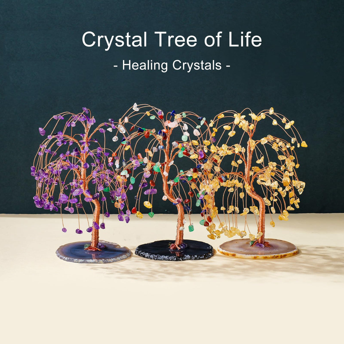 Runyangshi Natural Amethyst Crystal Tree of Life Handmade with Copper Wire - 7-8" Healing Crystals Gemstone Willow Tree Geode Agate Slices Base for Home Decor, Feng Shui Gifts, Office Desk Ornament