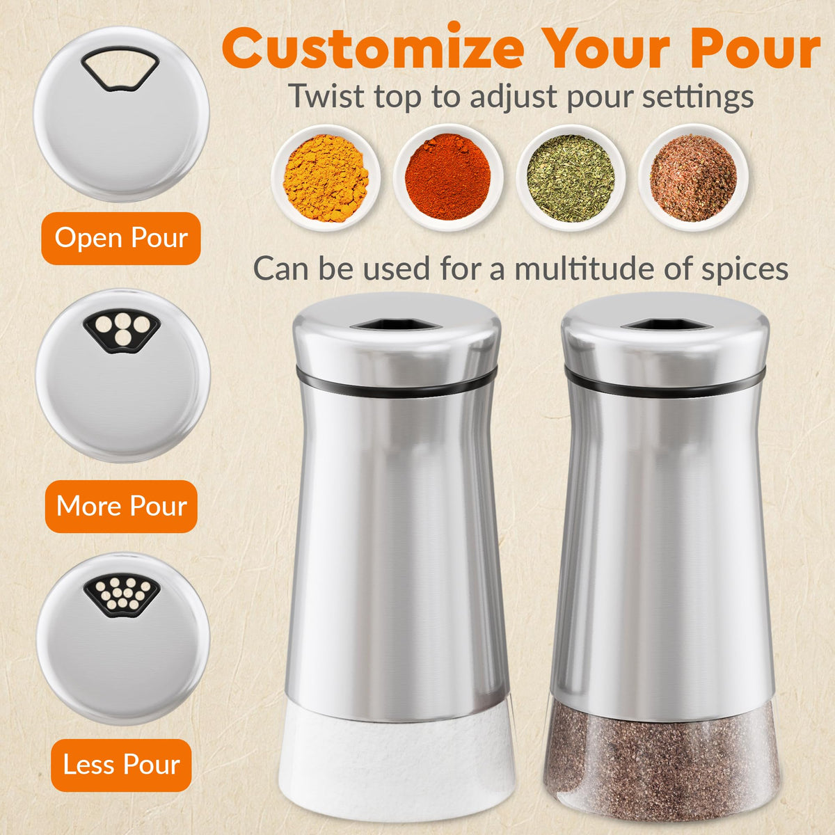 HOME EC Original Salt and Pepper Shakers Set with Adjustable Pour Holes - Glass and Stainless Steel Salt Shaker and Pepper Shaker - Farmhouse Spice dispenser for salts, ground peppercorn and spices