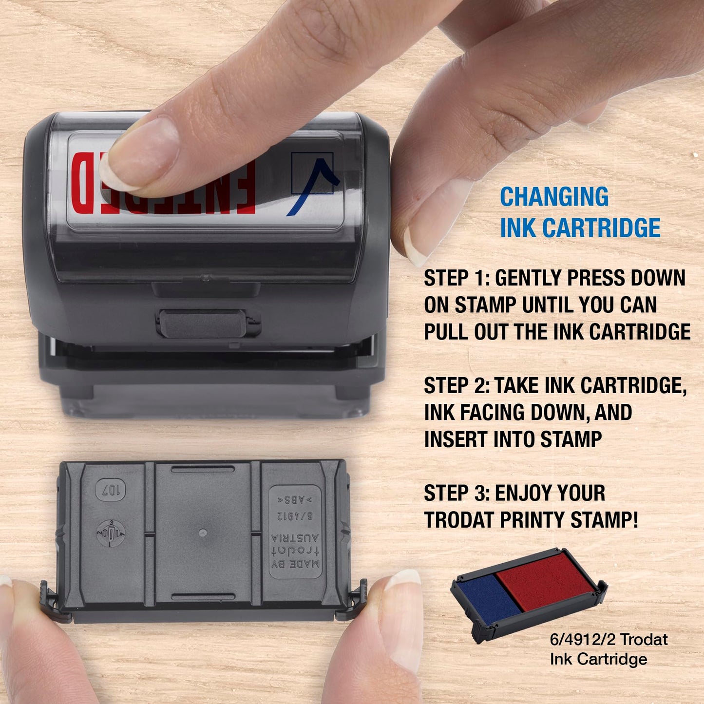 Trodat Printy 4912 2-Color Message Stamp - Self-Inking, Red and Blue Ink, Impression Size 3/4" x 1-7/8" (Entered)