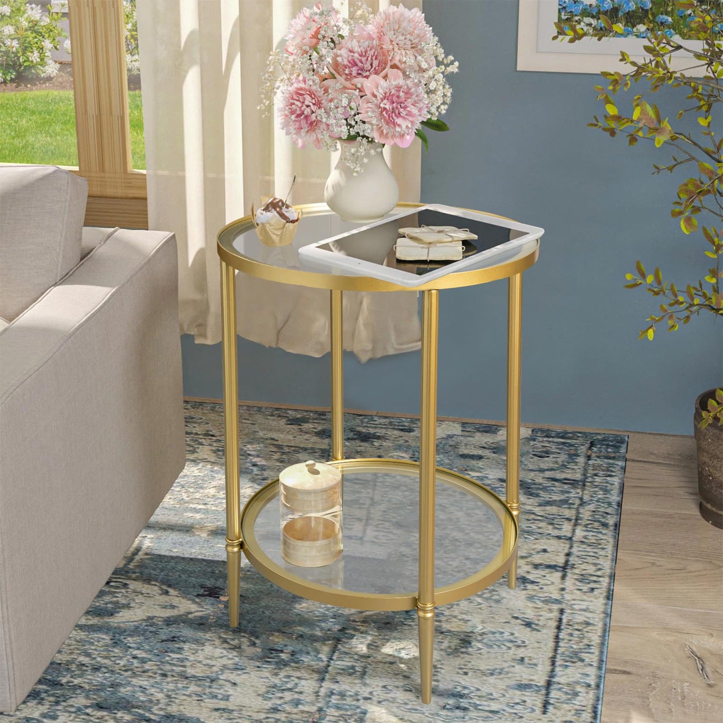 GIFTTROVE 2 Tier Round Side Table, Gold End Table with Glass Top, Modern Metal Clear Coffee Tables, Small Accent Tables for Living Room, Bedroom, 18" x 18"