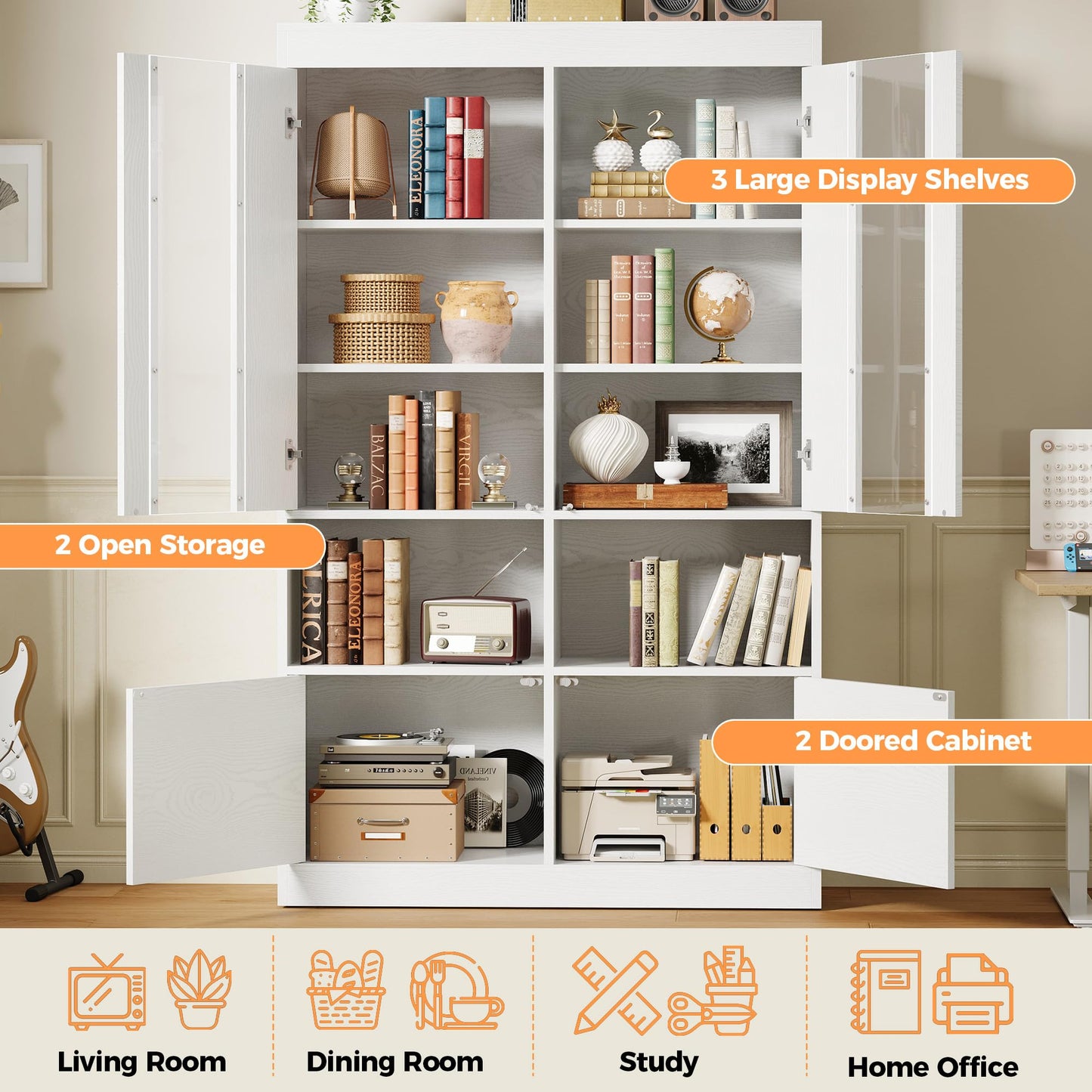 IRONCK Bookshelves and Bookcases with Doors, 70.7" H White Bookshelf with 5-Tier Storage, Large Book Shelf with Acrylic Doors for Living Room, Home Office