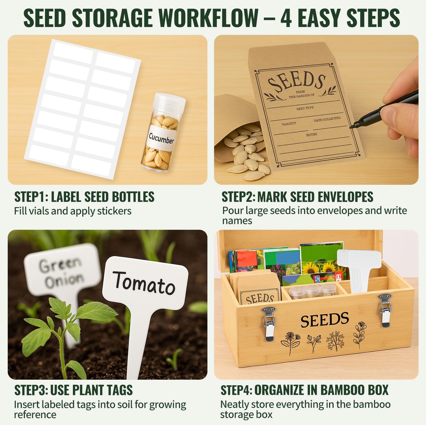 Intarsio Large Bamboo Wood Seed Storage Organizer Box with Lid,Double-Layer Seal Design Seed Saving Box with 304 Stainless Steel Safety Lock,Handles,Extra Seed Envelopes and Labels (Wood)
