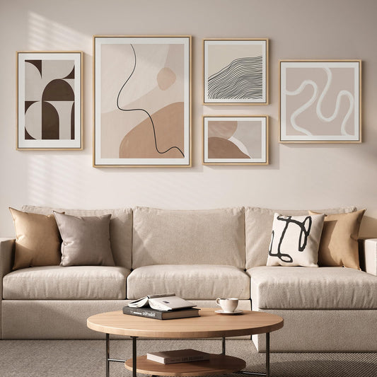 Large Framed Neutral Abstract Wall Art for Living Room, 5 Piece Beige Brown Canvas Prints Paintings Artwork for Walls, Modern Geometric Minimalist Pictures for Bedroom Dining Room Office Wall Decor