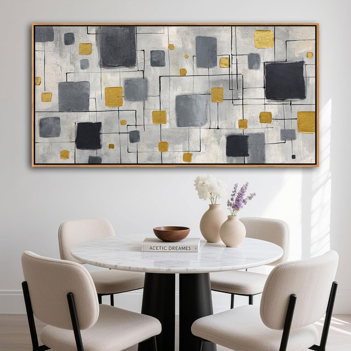 KLAKLA Neutral Decor Modern Abstract Wall Art Poster - Black Gold Gray for Living Room Bedroom Office Framed Minimalist Abstract Design 58x29 Inches