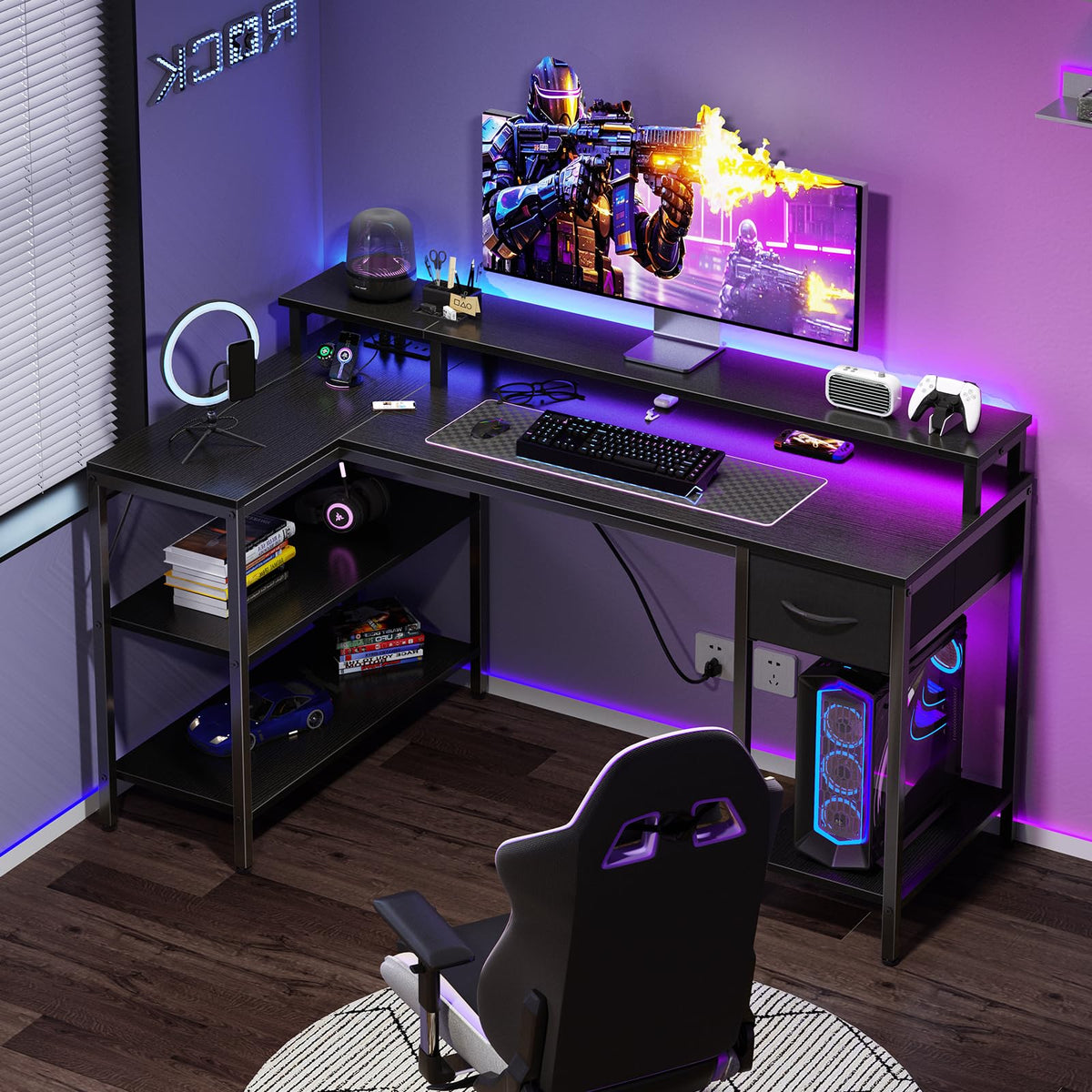 DUMOS 47” Gaming Desk with USB Charging Ports & LED Lights, Reversible L Shaped Desks Computer Corner Gamer Table with Power Outlets Monitor Stand Storage Shelves for Home Office Small Space, Black