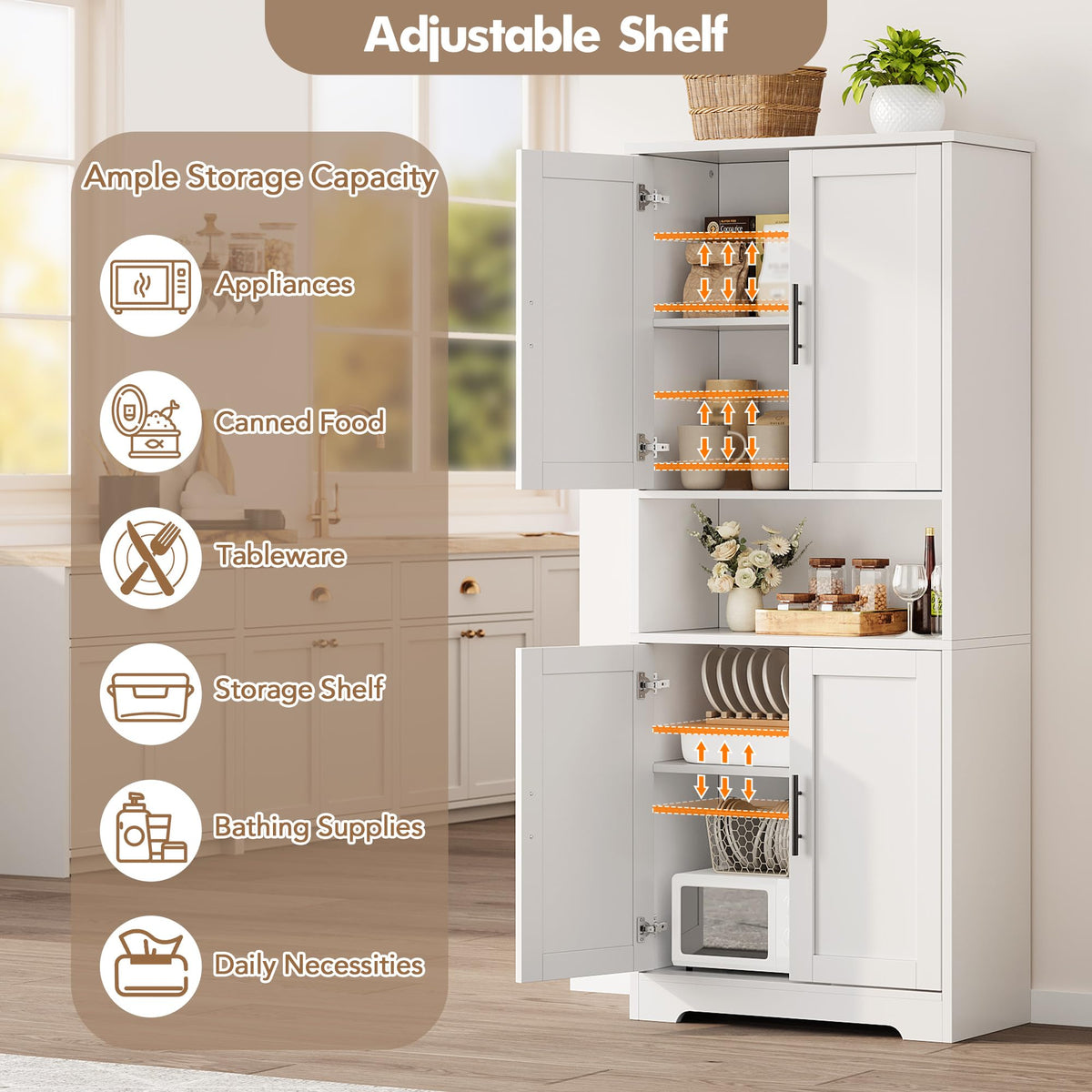 Garvee 70 Inch Tall Storage Cabinet, Kitchen Pantry Cabinet with Doors and Adjustable Shelves, Freestanding Wooden Classic Cupboard for Living Room, Dining Room, Bathroom, White