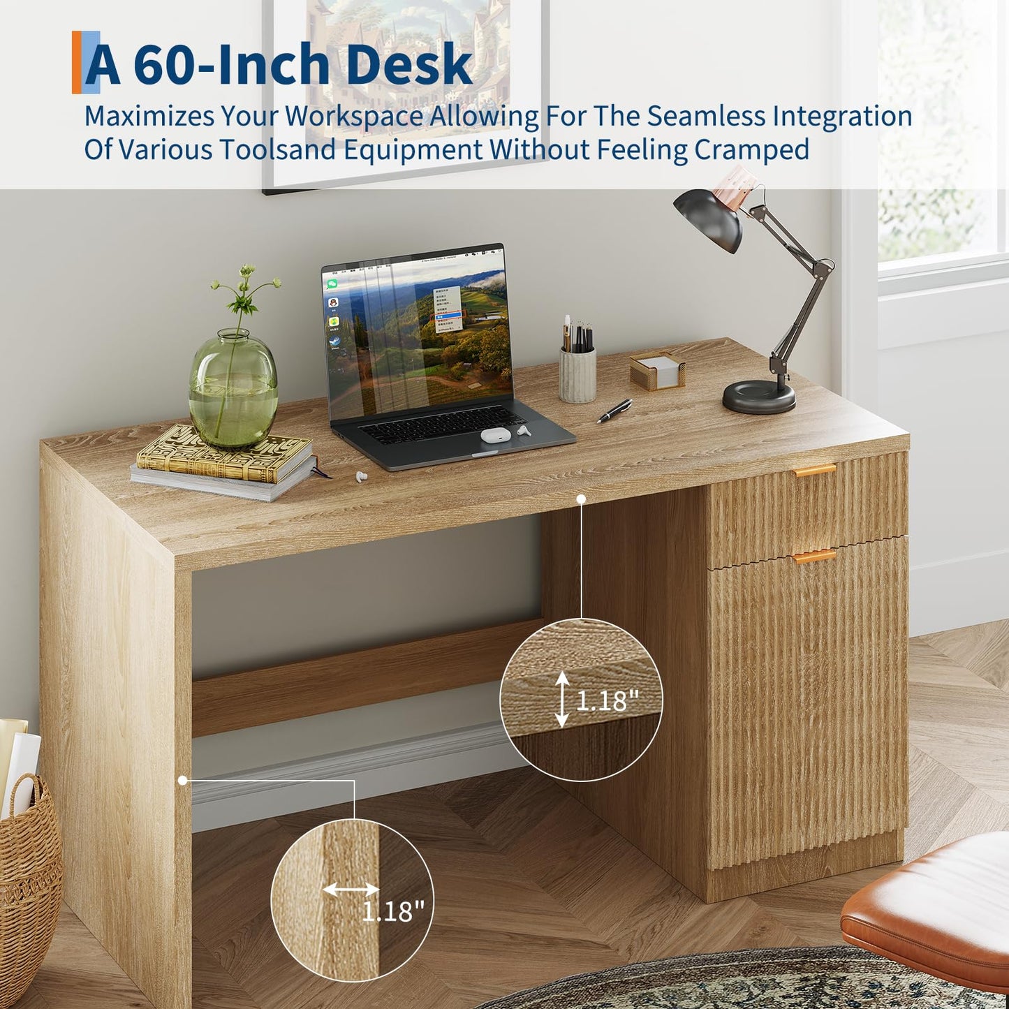 BouPower 60" Fluted Executive Desk with Drawers, Wood Computer Desk with Storage Cabinet, Home Office Desks with Storage for Study Room, Bedroom, Living Room, Natural Oak