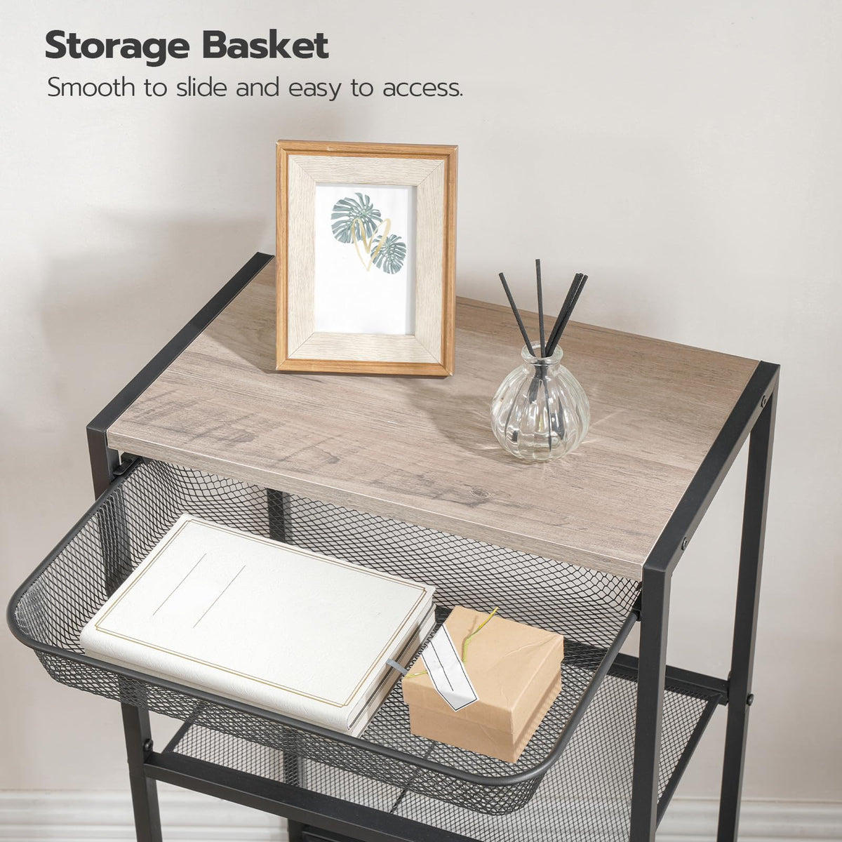 HOOBRO 28.7 Inch Tall Side Table, 3-Tier Industrial Telephone End Table with Adjustable Metal Mesh Basket, Desk Side Table with Storage Shelves, for Living Room, Bedroom, Office, Greige BG06DH01