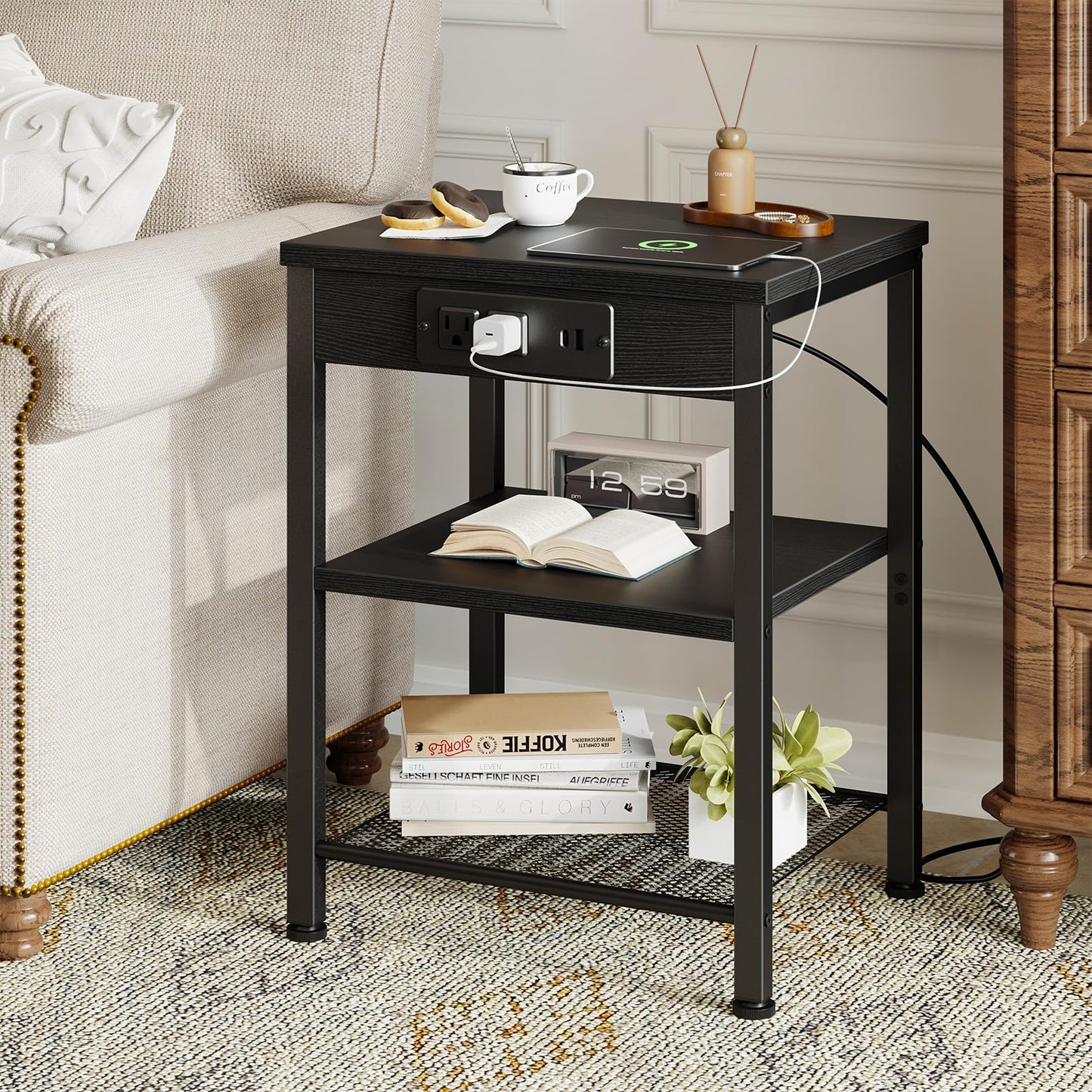 DUMOS 15.7" Small Side Table with Charging Station, End Table with Outlets & USB Ports, 3-Tier Adjustable Storage Nightstand for Living Room, Bedroom, Small Spaces, Record Player Stand, Black