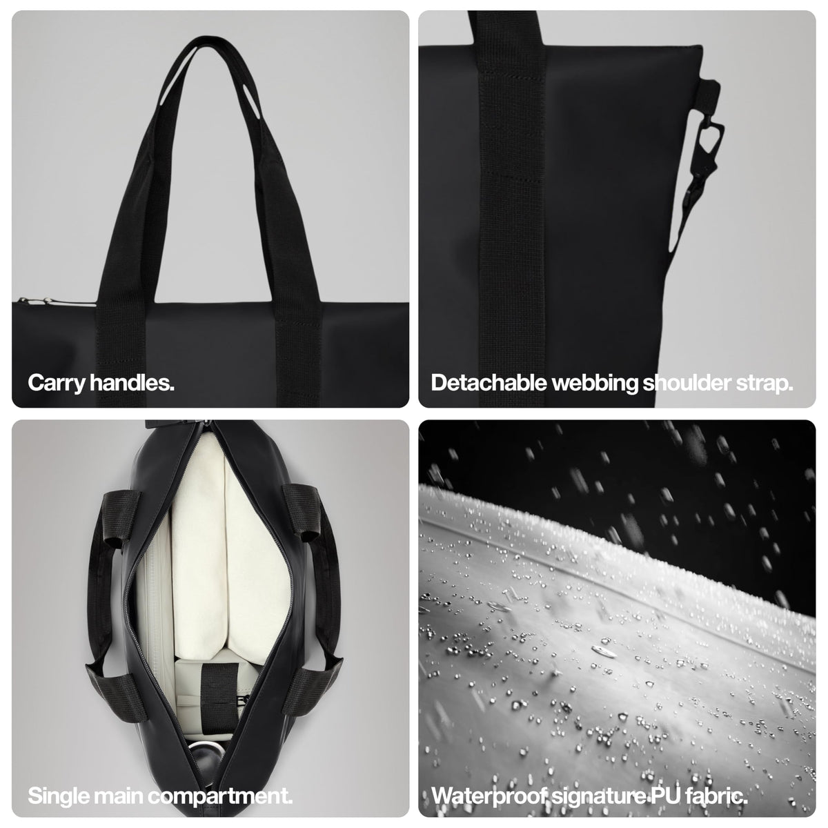 RAINS Tote Bag Micro - Black Waterproof Shoulder Bag for Men and Women - Compact Black Tote for Work, Travel, Shopping with Coated Zip and Carry Handles - 2 Year Warranty