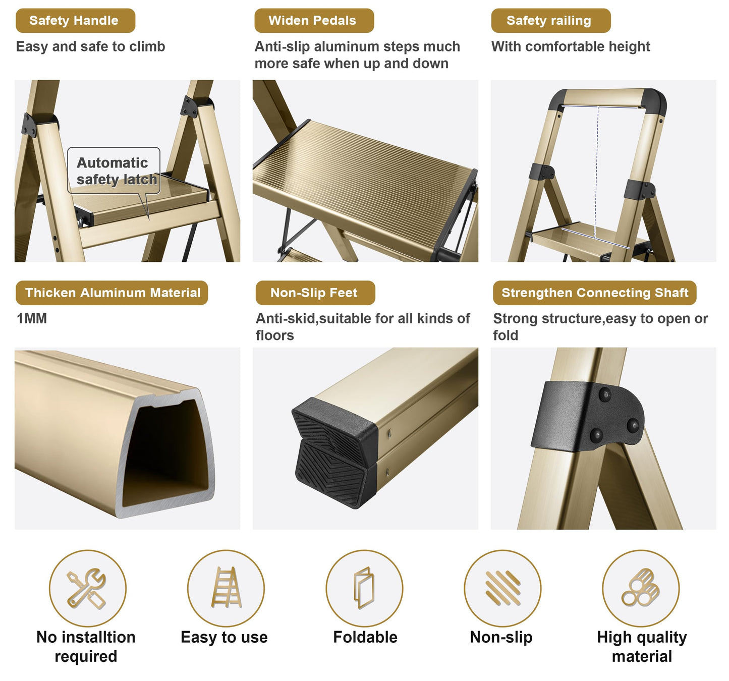 BIBKOKE Step Ladder 4-Step Champagne Gold Finish Aluminum Folding Step Ladders,Anti-Slip Max 330 lbs