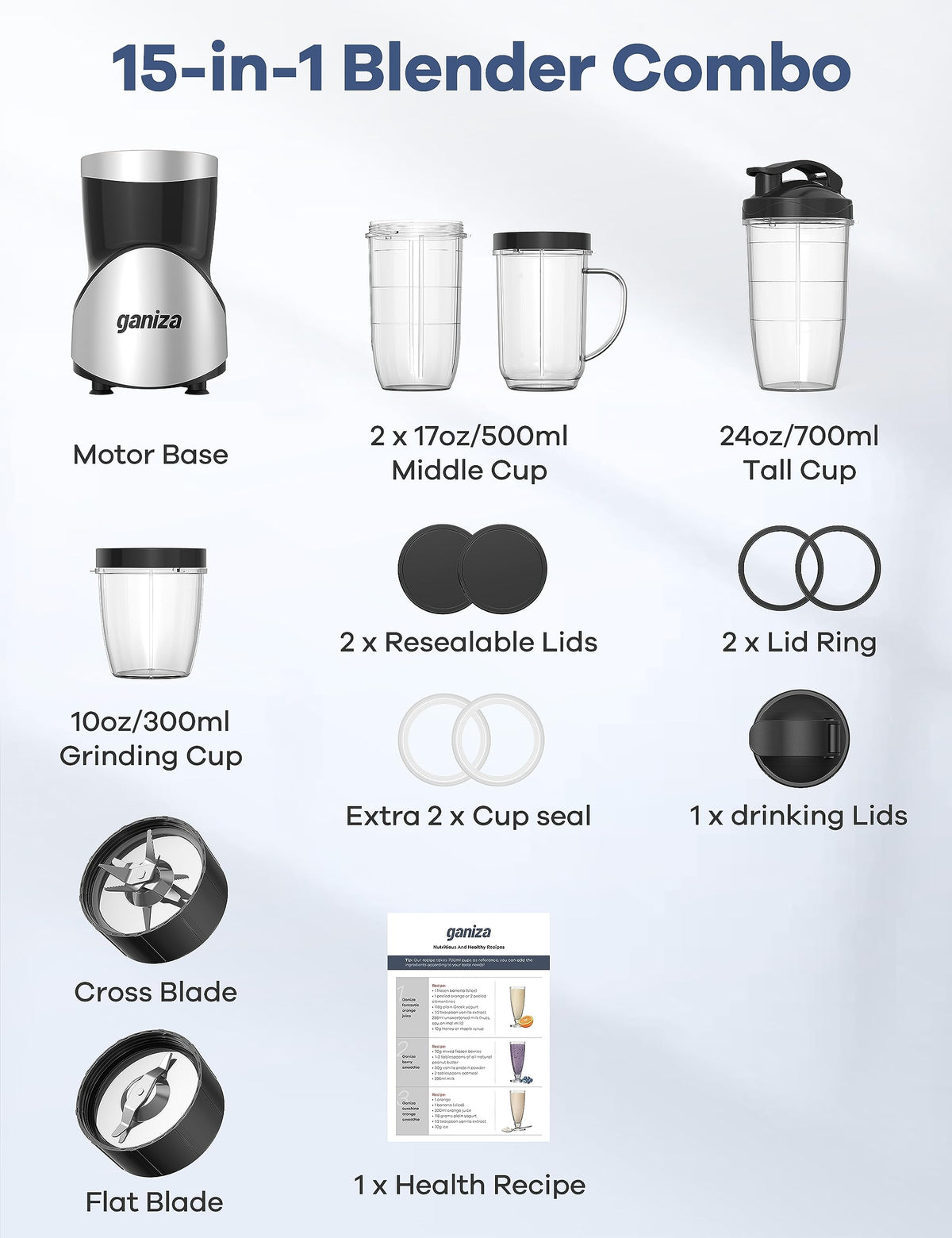 Ganiza Smoothie Blender, 900W Blenders for Shakes and Smoothies, 15-Piece Personal Blender and Grinder Combo for Kitchen, Smoothies Maker with 4 BPA-Free Portable Cup, Nutritious Recipe