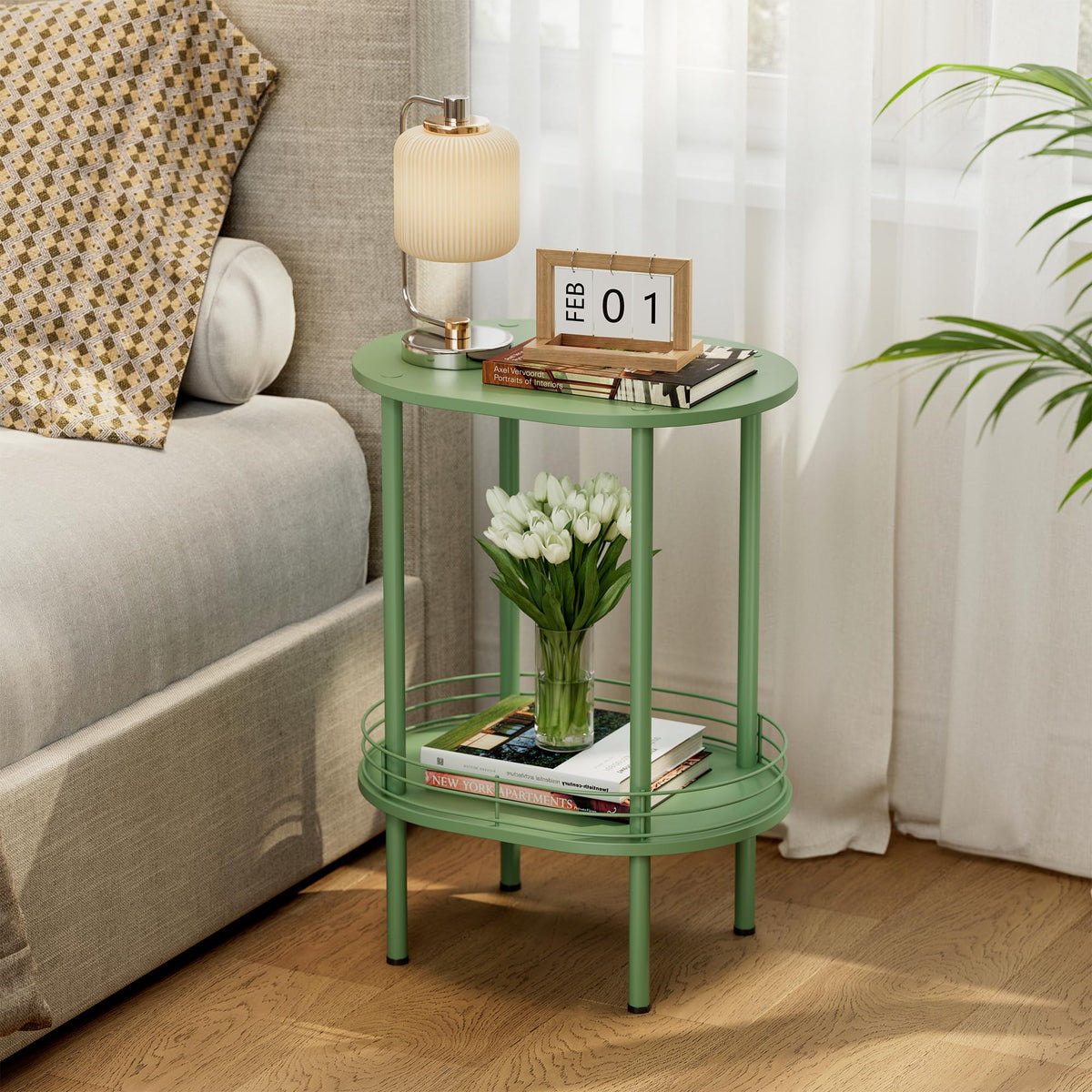 Small Modern Oval Side Table with Storage,2-Tier Side Tables Living Room,Sturdy Nightstand for Small Space - Living Room, Bedroom, Bathroom, Nursery (1PC,Green)