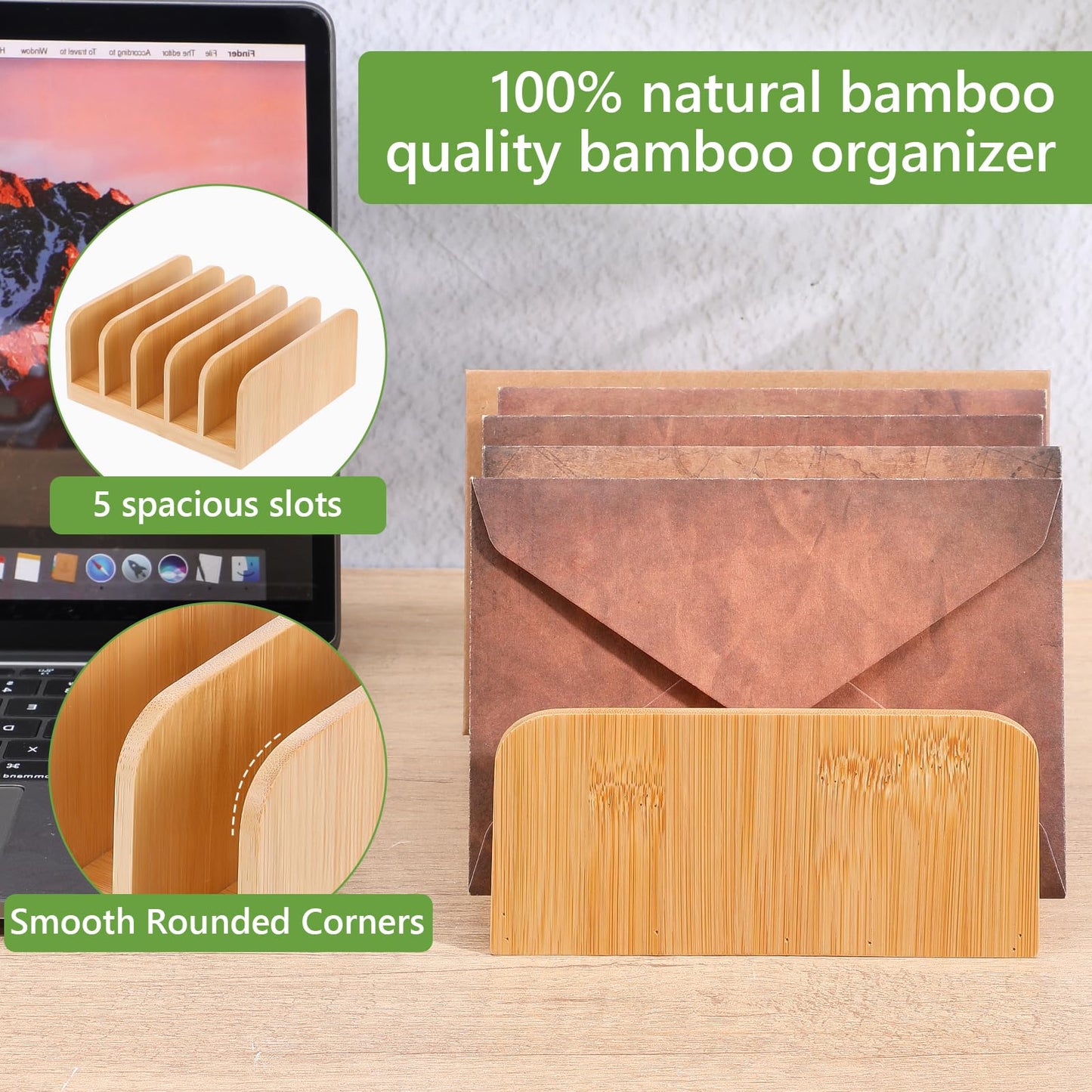 Kifmurase 2Pcs Desk Mail Organizer with Divider, Bamboo File Holders, Vertical Letter Sorter for Desktop, Countertop Paper Organizer, 5 Compartments Envelope Holders for Bill, Document, Notebook